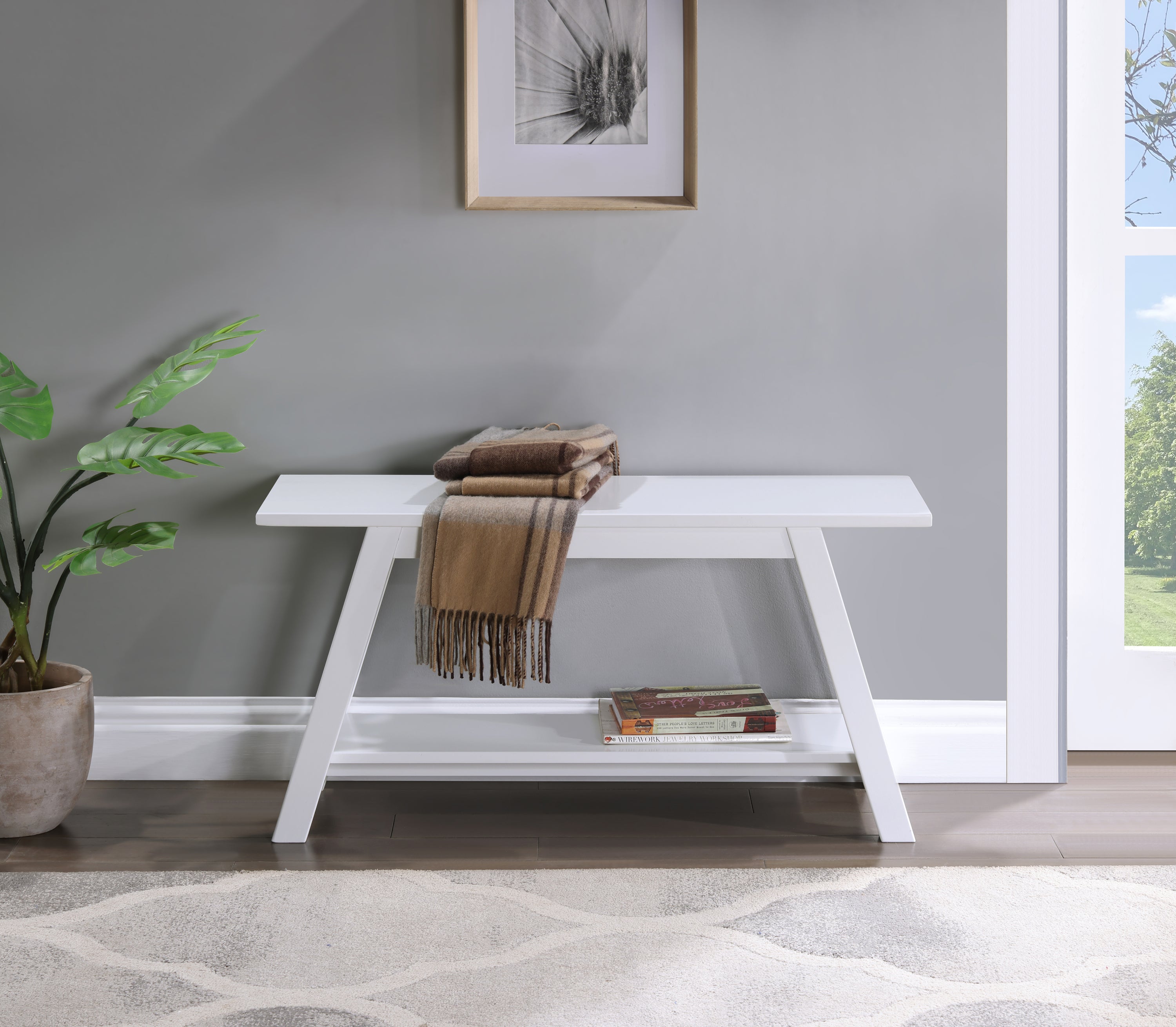 Elyz Solid Wood Bench with Shelf, 36.10-Inch Long, White