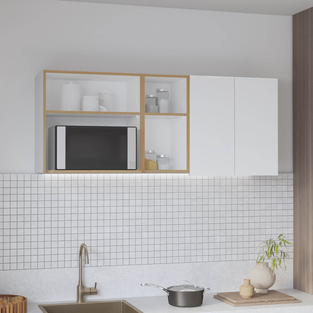 Corinto 59' Wide  Two - Door Wall Cabinet with Four Shelves, Drying Rack Dish for Kitchen, Garage, Laundry Room White - Natural Oak