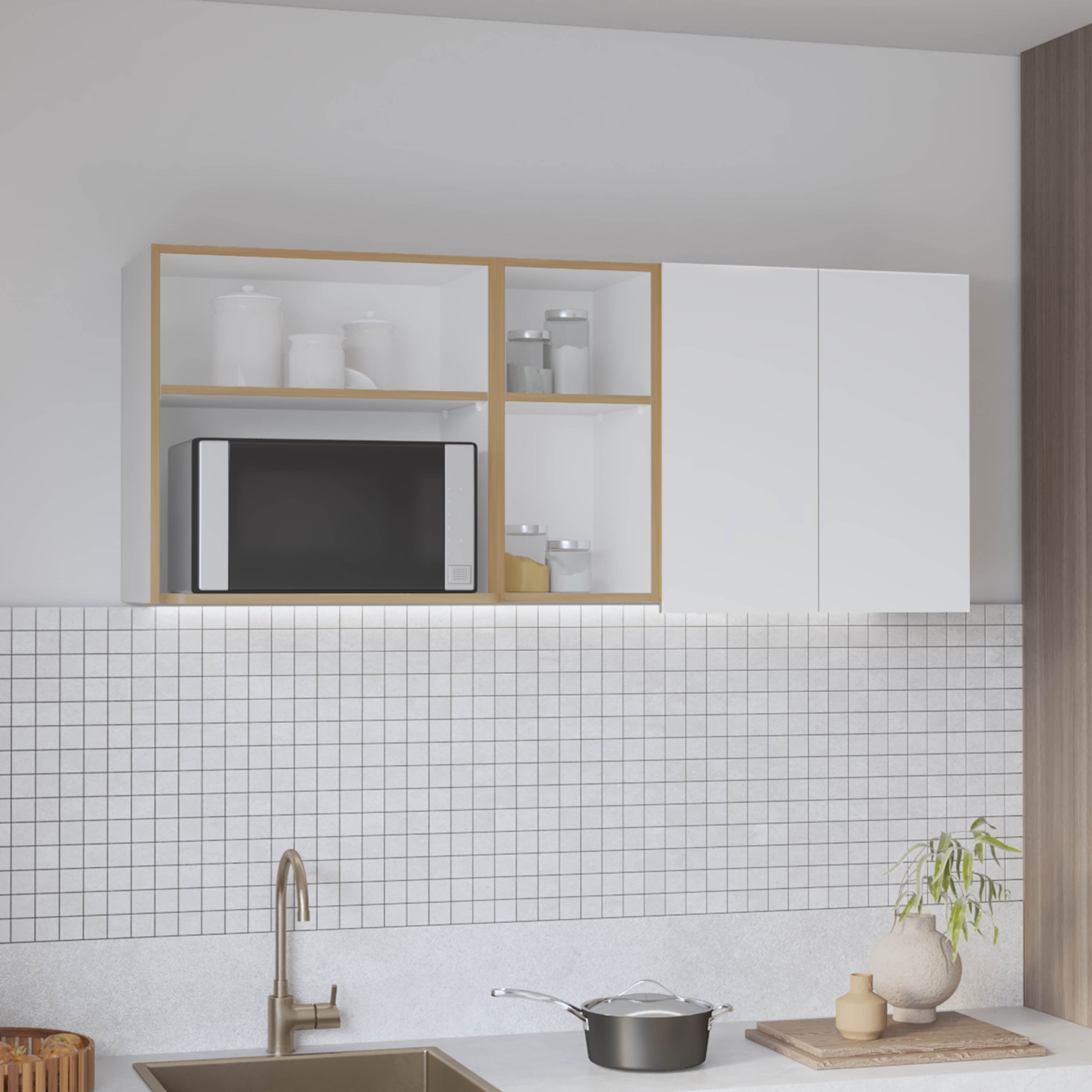 Corinto 59' Wide  Two - Door Wall Cabinet with Four Shelves, Drying Rack Dish for Kitchen, Garage, Laundry Room White - Natural Oak