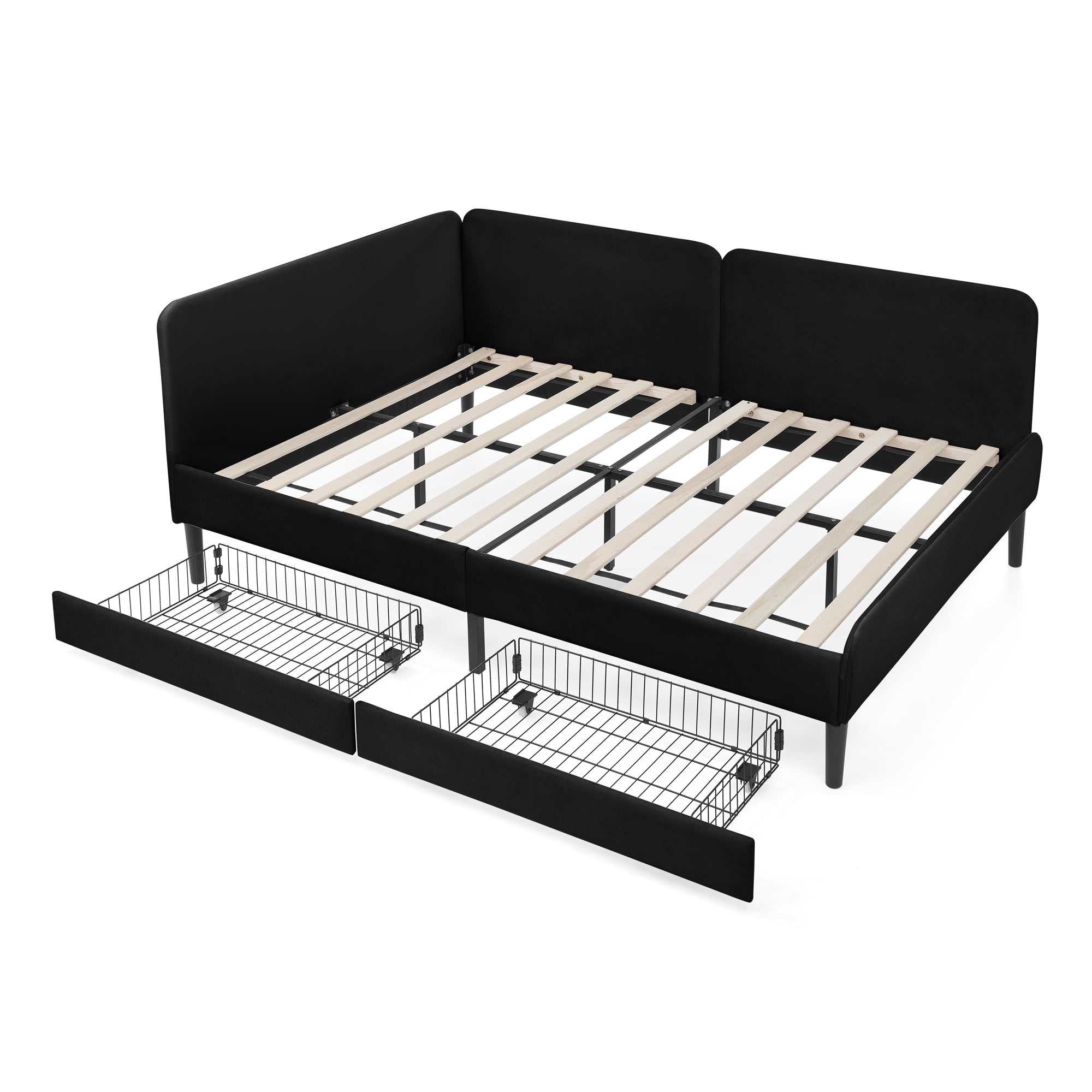 Black Velvet Upholstered Platform Bed Frame with 2 Storage Drawers and Adjustable Sofa Bed, Full Size