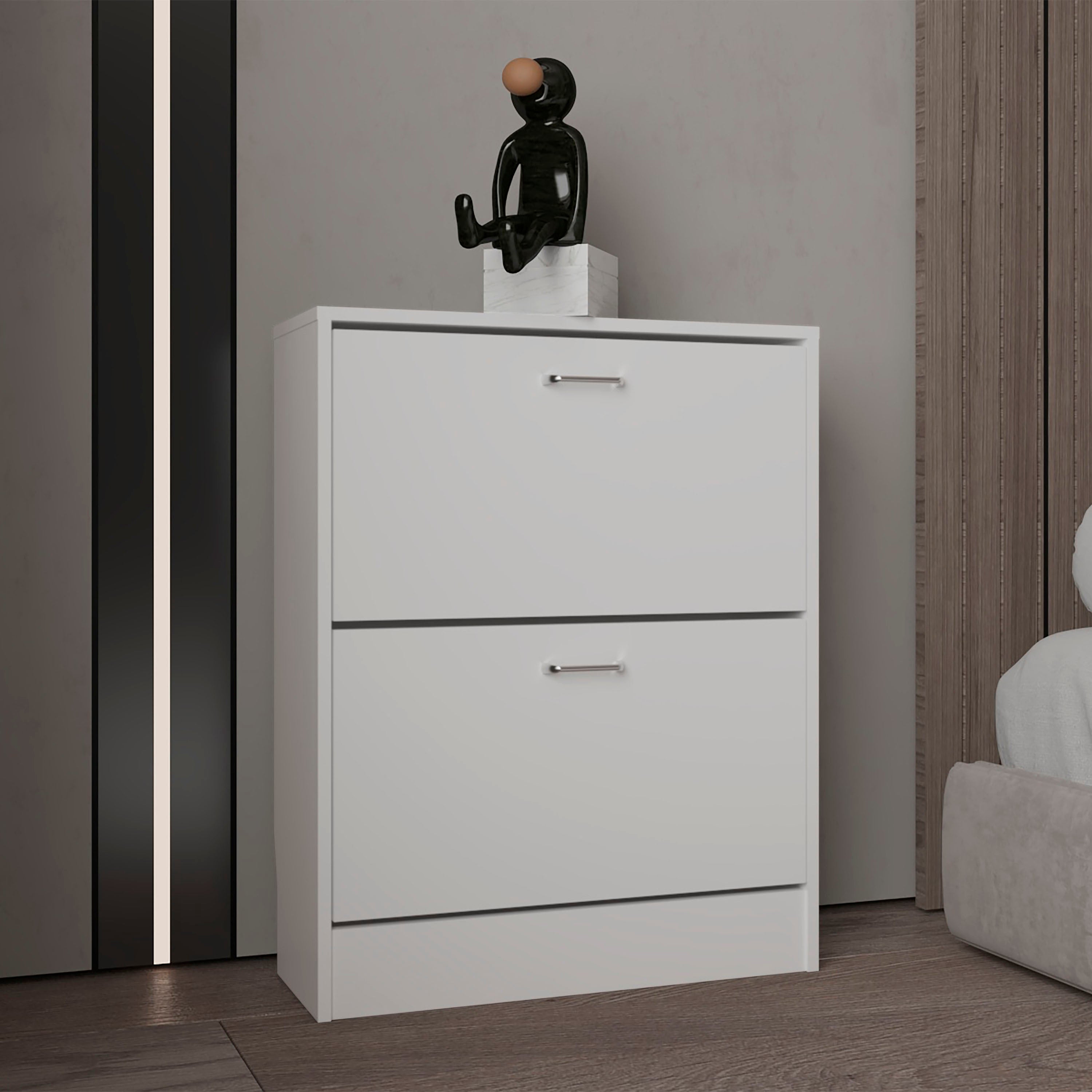 Inola Two-Door Shoe Rack Cabinet With Adjustable Shelves, Modern Storage Organizer, White