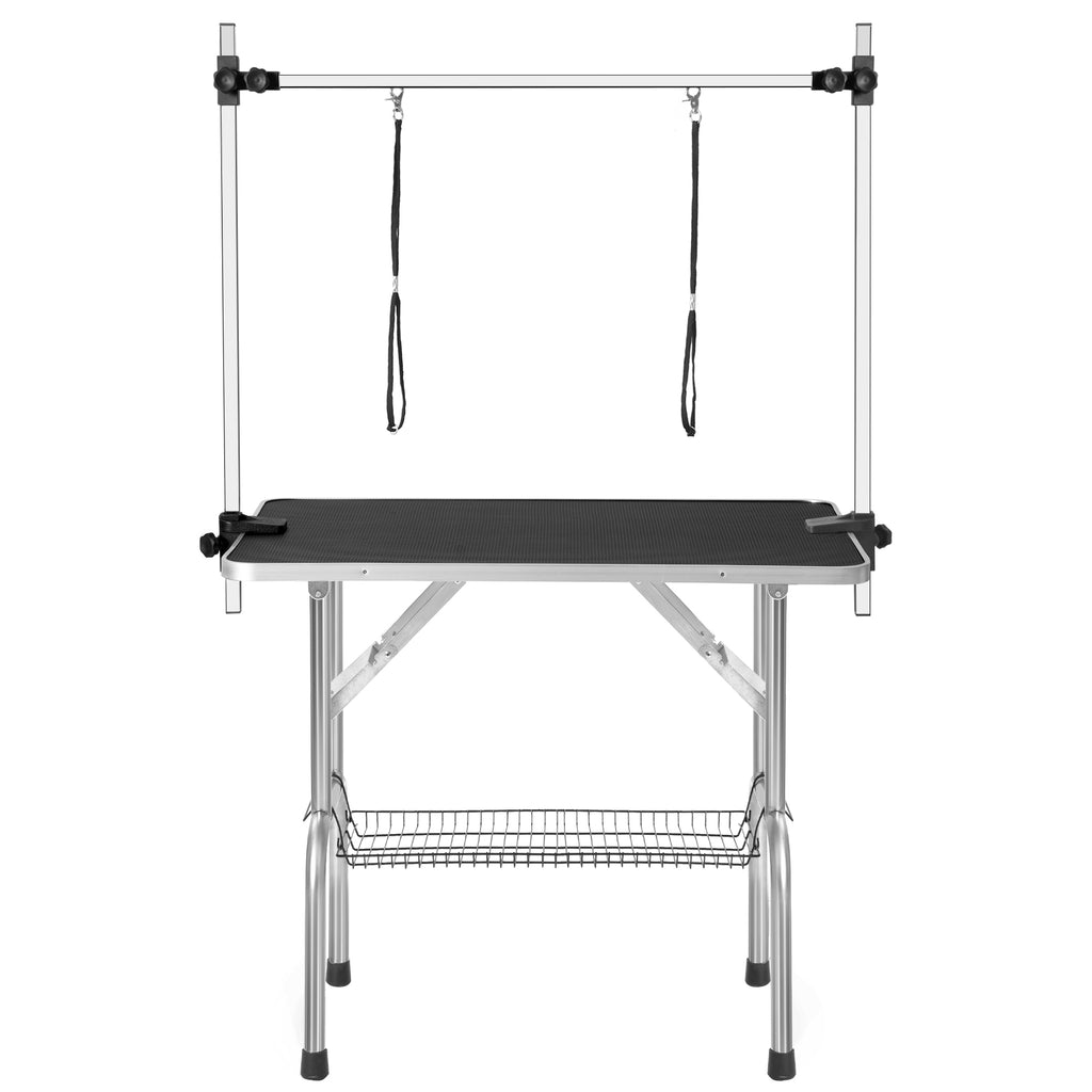 Large Heavy Duty Pet Grooming Table with Adjustable Arm and Clamps, 42'' Black Stainless Steel