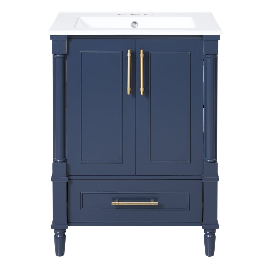 Modern Blue Bathroom Vanity with Ornate French Cylinder Legs, Soft-Close Drawer, Ceramic Sink, Solid Wood & MDF Construction, 24'