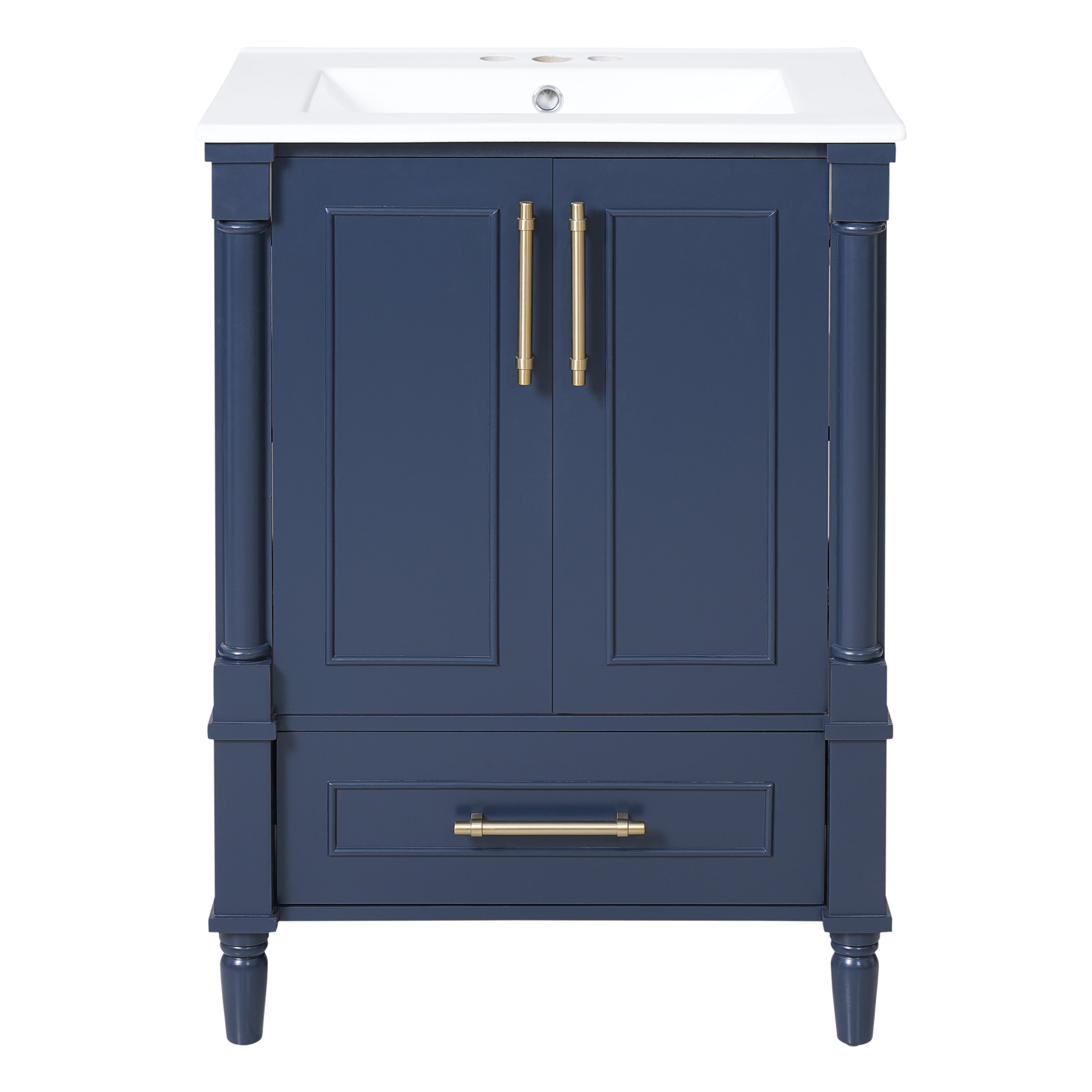 Modern Blue Bathroom Vanity with Ornate French Cylinder Legs, Soft-Close Drawer, Ceramic Sink, Solid Wood & MDF Construction, 24'