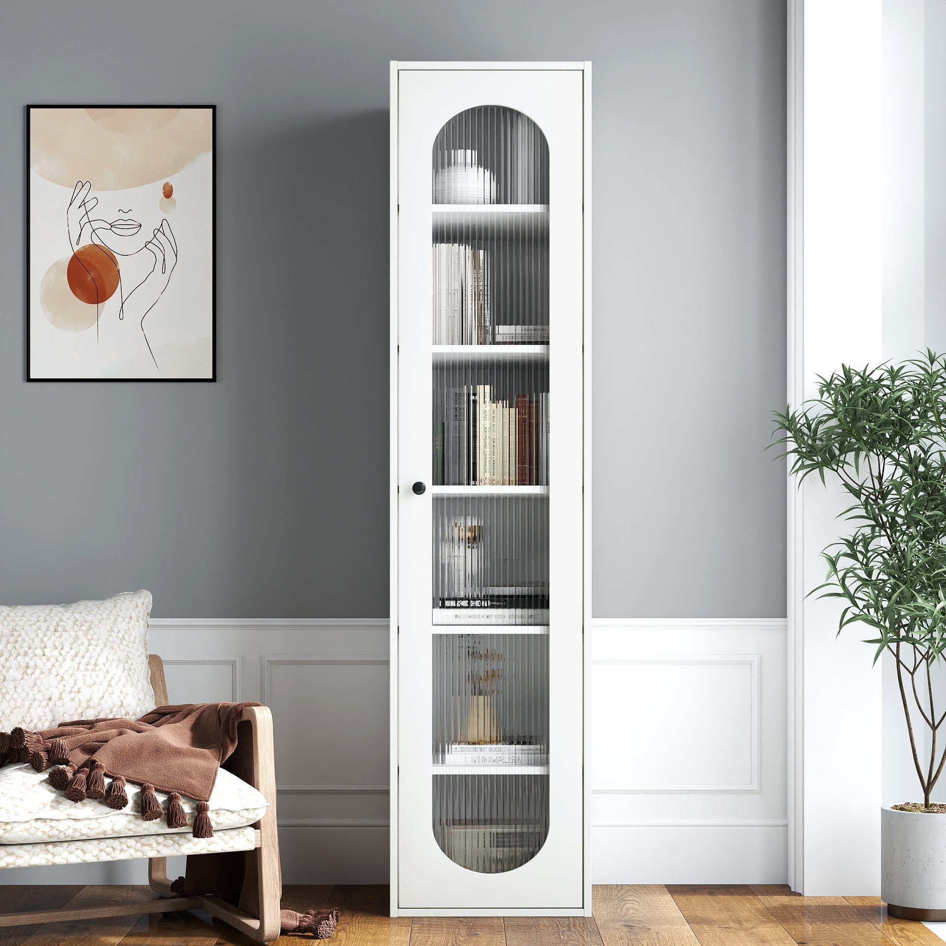 Tall Display cabinet & Bookshelf Perfect for Living Room, Kitchen, Bedroom & Office - Storage Cabinet with 6 Storage Shelving & 1 Glass Door