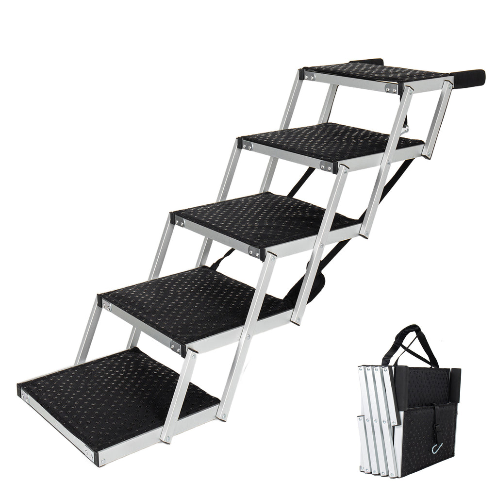 Aluminum Frame Foldable Dog Stairs, 5 Steps Heavy Duty Pet Ramp with Non Slip Surface and Soft Foam Handle, Dogs Stairs for Cars, High Beds, Truck, Supports up to 250 lbs