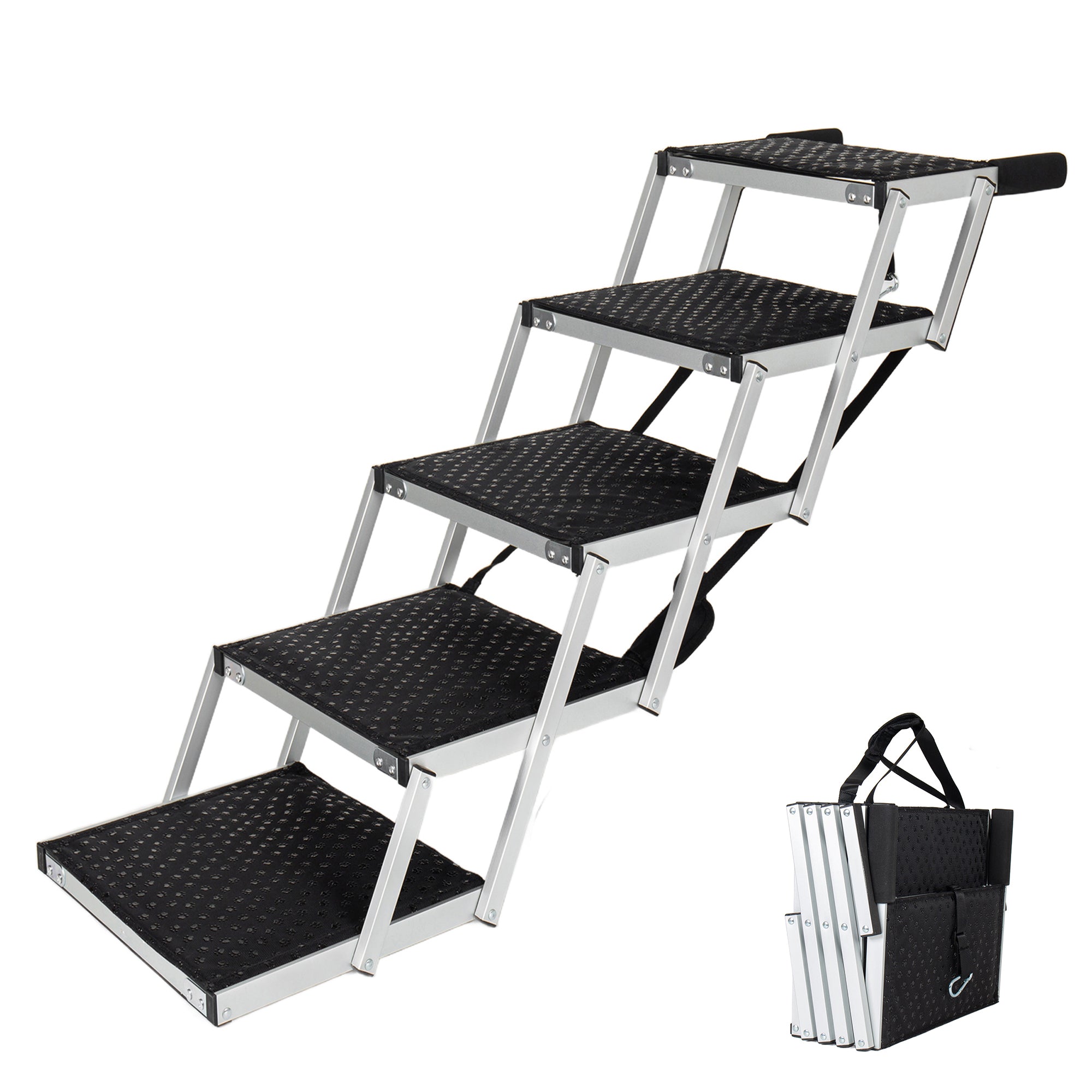 Aluminum Frame Foldable Dog Stairs, 5 Steps Heavy Duty Pet Ramp with Non Slip Surface and Soft Foam Handle, Dogs Stairs for Cars, High Beds, Truck, Supports up to 250 lbs
