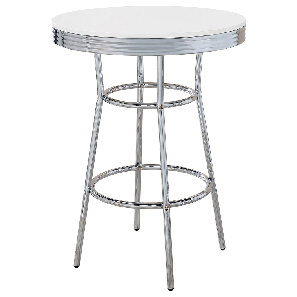Werner Glossy White and Chrome Round Bar Table: Retro-Style Dining Table with Chrome Rim, Wood and Metal Construction, 30-inch Diameter