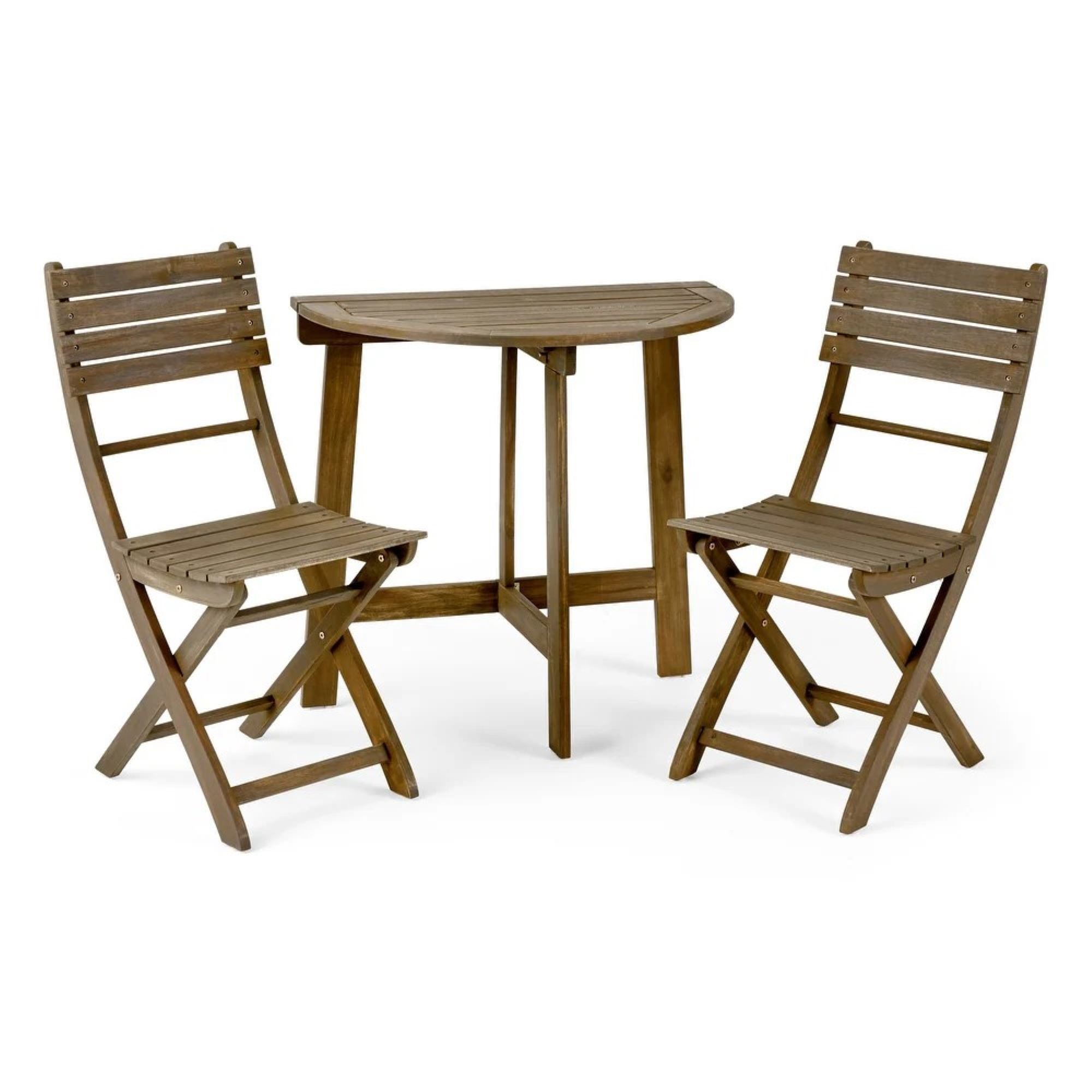 Outdoor 3pc Half-Round Folding Acacia Wood Bistro Set: Weather-Resistant, Space-Saving, Grey