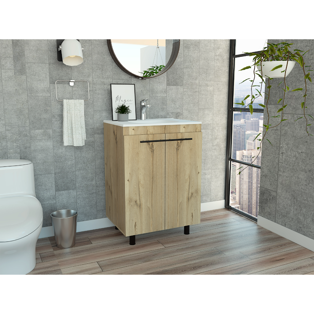 Khari 24' Floor Cabinet, Double Door, Two Shelves -Light Oak