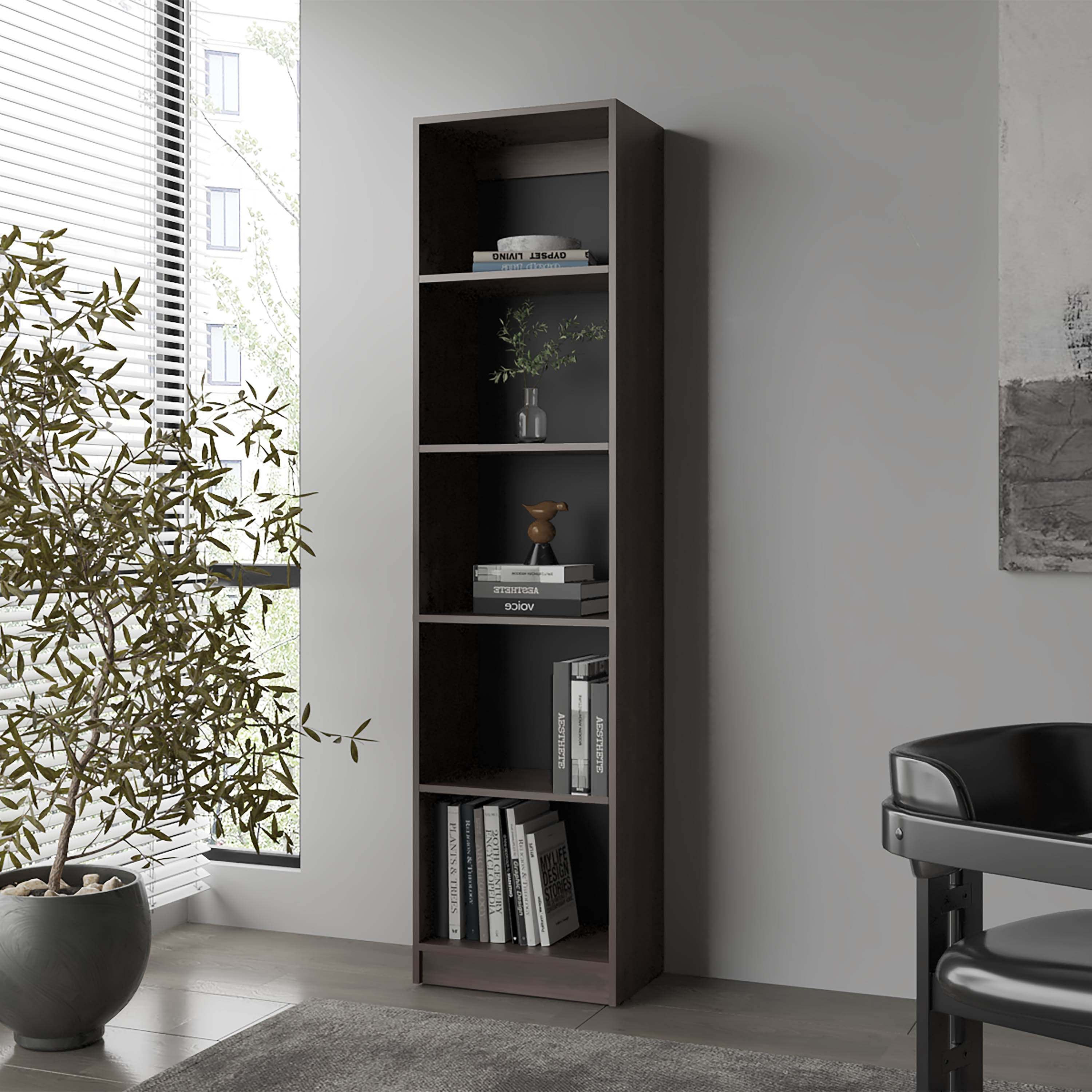 Stained Walnut Bookcase with Open Storage and 5 Shelves