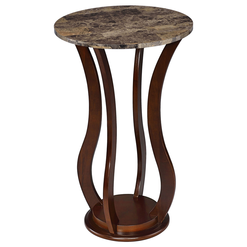 Brown Round Accent Table with Faux Marble Top in Warm Wood Finish, Rubberwood and MDF Construction, 18x18x28.5 Inches