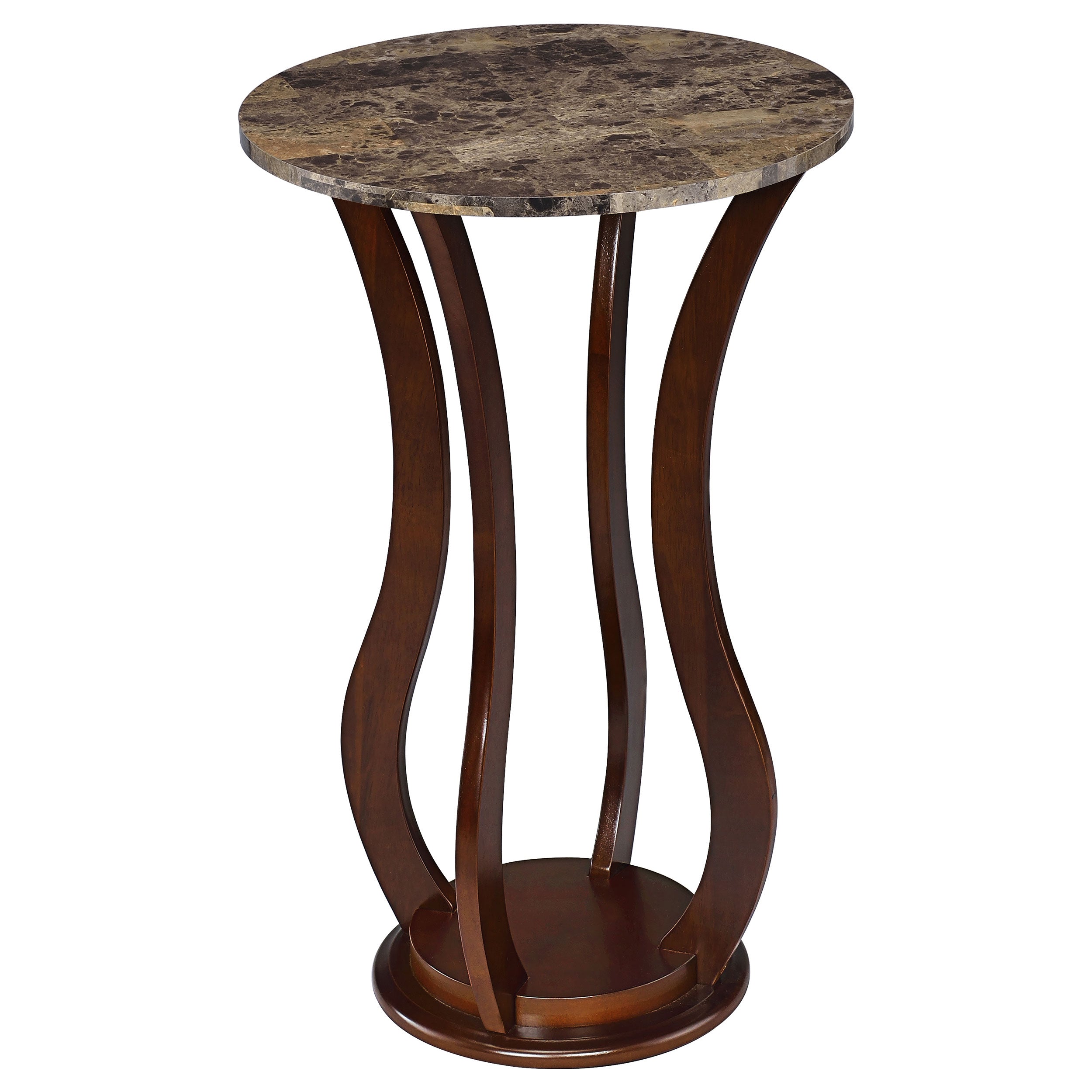 Brown Round Accent Table with Faux Marble Top in Warm Wood Finish, Rubberwood and MDF Construction, 18x18x28.5 Inches