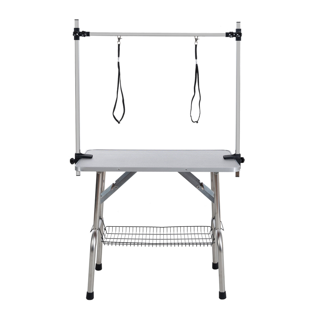 Silver-Gray Folding Pet Grooming Table with Stainless Steel Frame and Rubber Mat, Adjustable Arm and Clamps for Dogs and Cats, 46-Inch