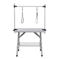 Silver-Gray Folding Pet Grooming Table with Stainless Steel Frame and Rubber Mat, Adjustable Arm and Clamps for Dogs and Cats, 46-Inch