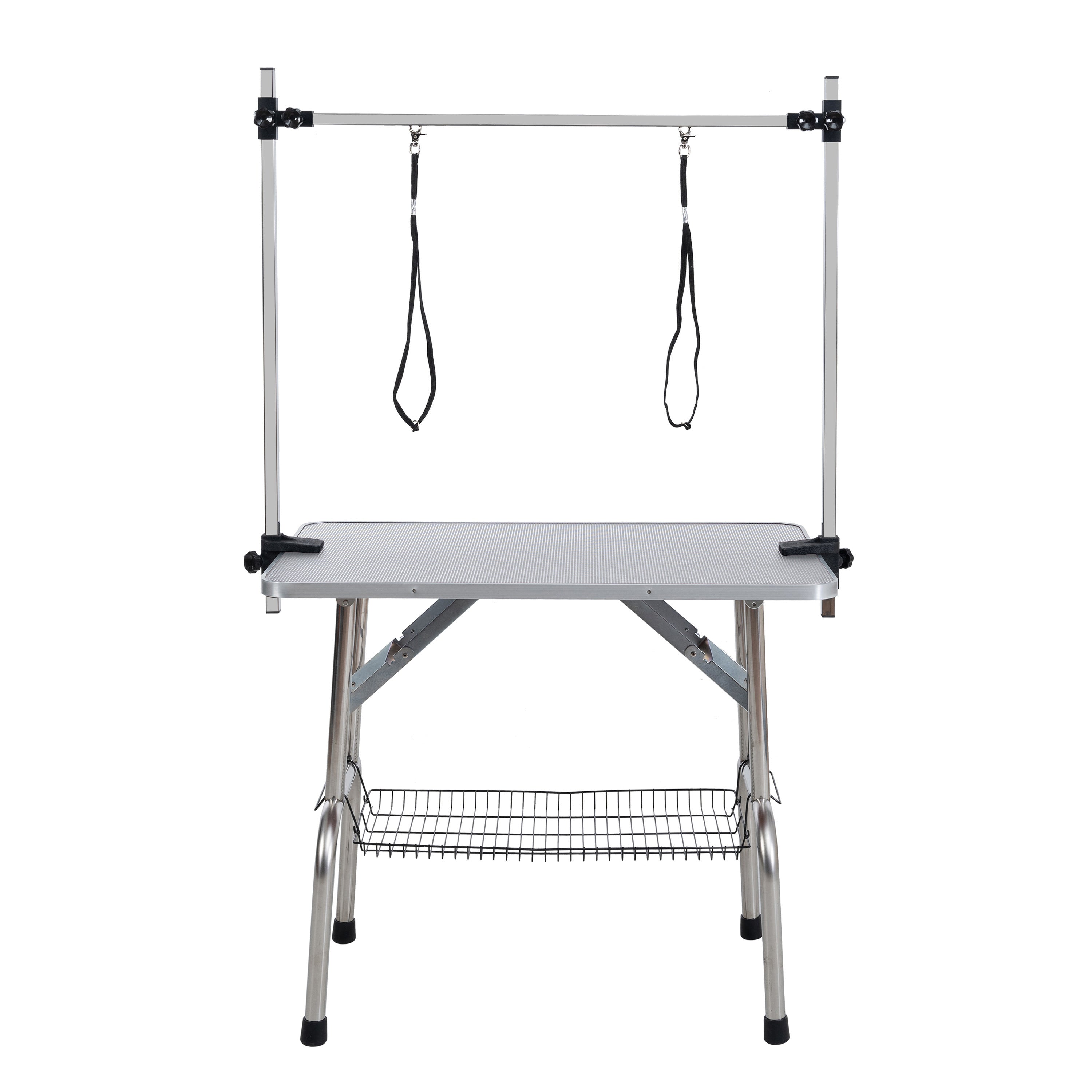Silver-Gray Folding Pet Grooming Table with Stainless Steel Frame and Rubber Mat, Adjustable Arm and Clamps for Dogs and Cats, 46-Inch