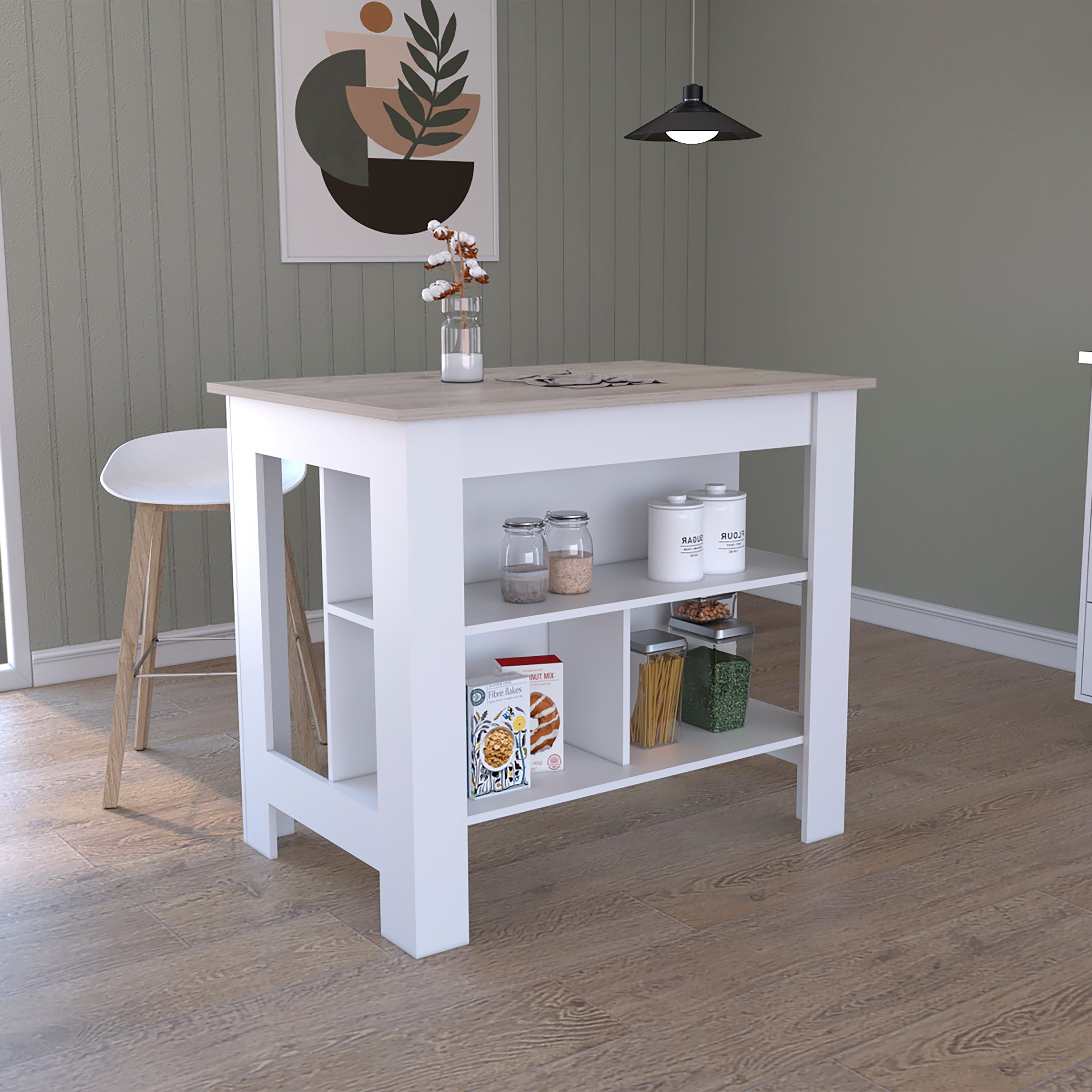 Cala Kitchen Island Antibacterial, Three Shelves, Four Legs  -Light Gray / White