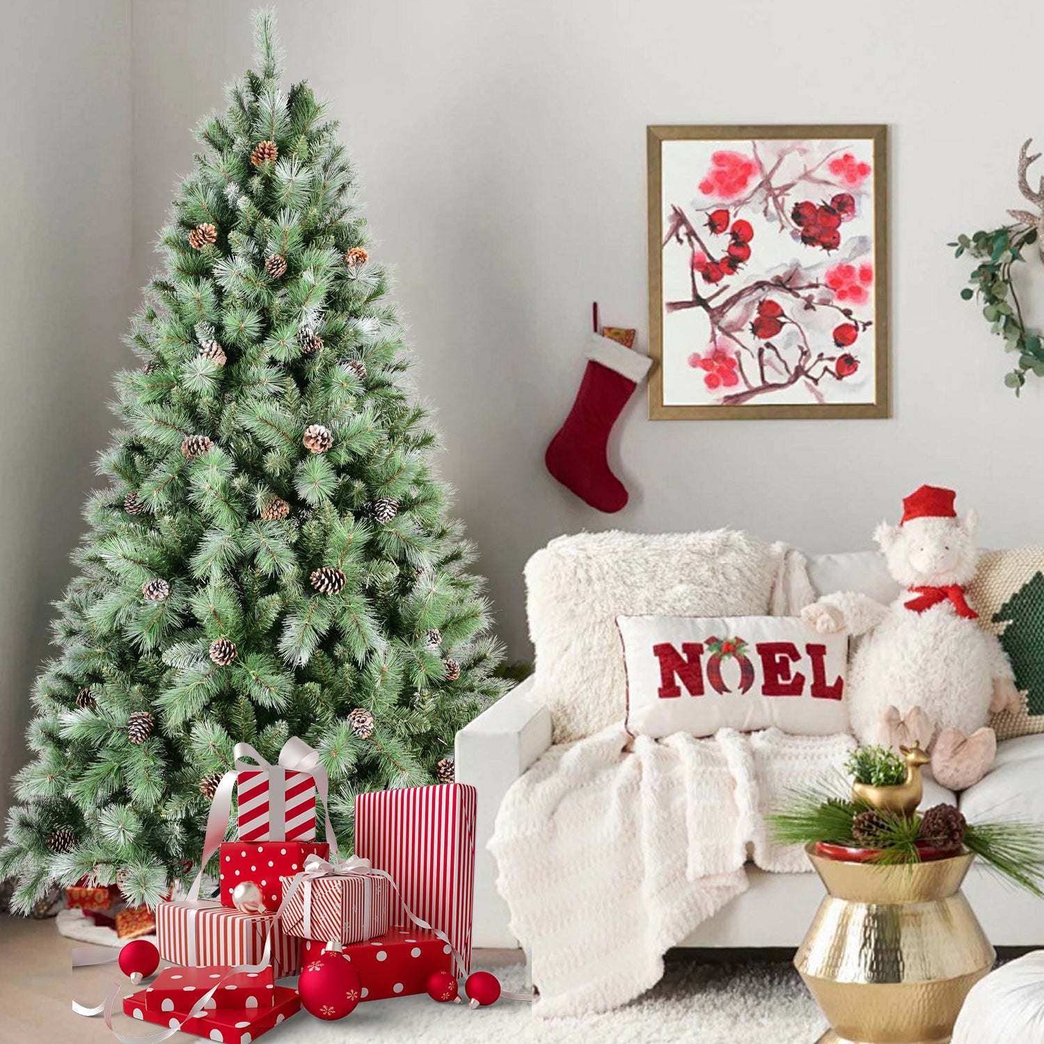 7FT Christmas Tree with 82 Pine Cones – 1348 Tips, Mixed PVC & Hard Needle Branches, Hinged Structure for Easy Setup, Sturdy Metal Stand – Realistic Full Holiday Tree