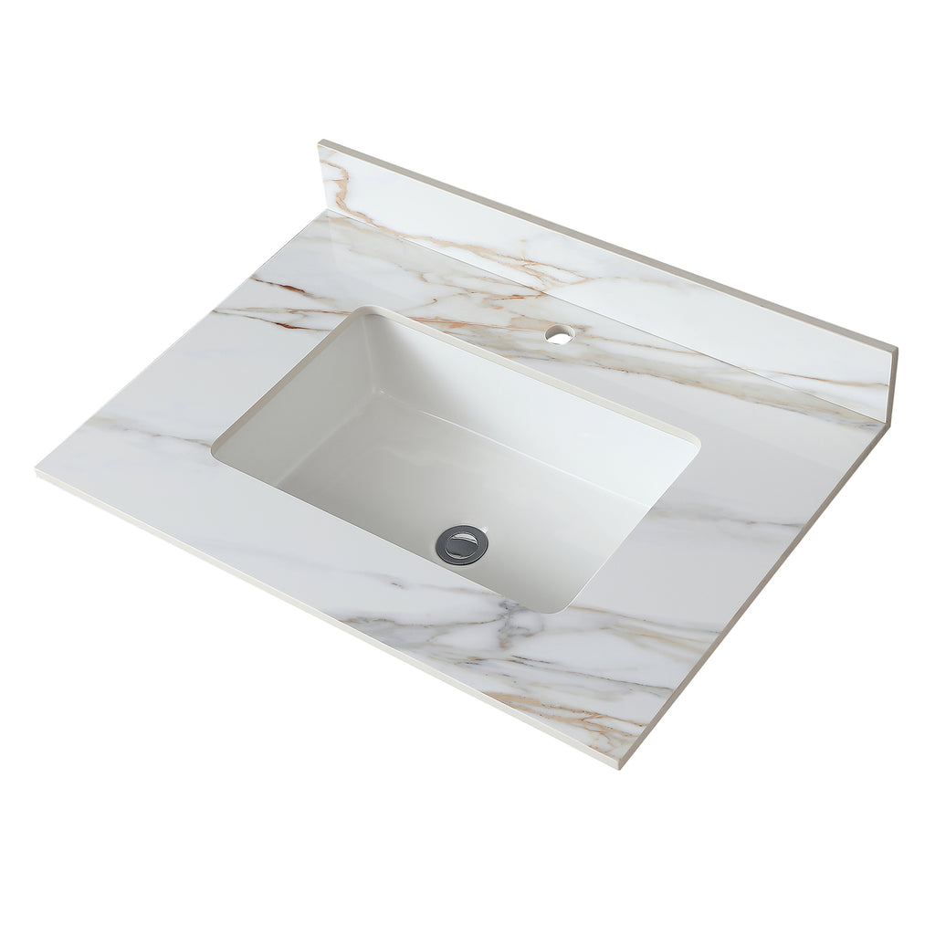 31 Inches Elegant Carrara White Marble Vanity Top with Undermount Sink and Backsplash, Sintered Stone