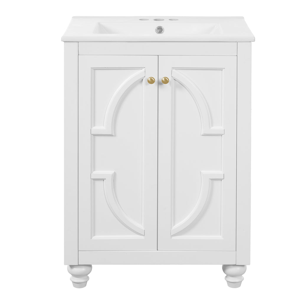24' Modern Bathroom Vanity with Ornate Elliptical Motif, Soft-Close Hinges, White Ceramic Sink, Solid Wood & MDF Construction