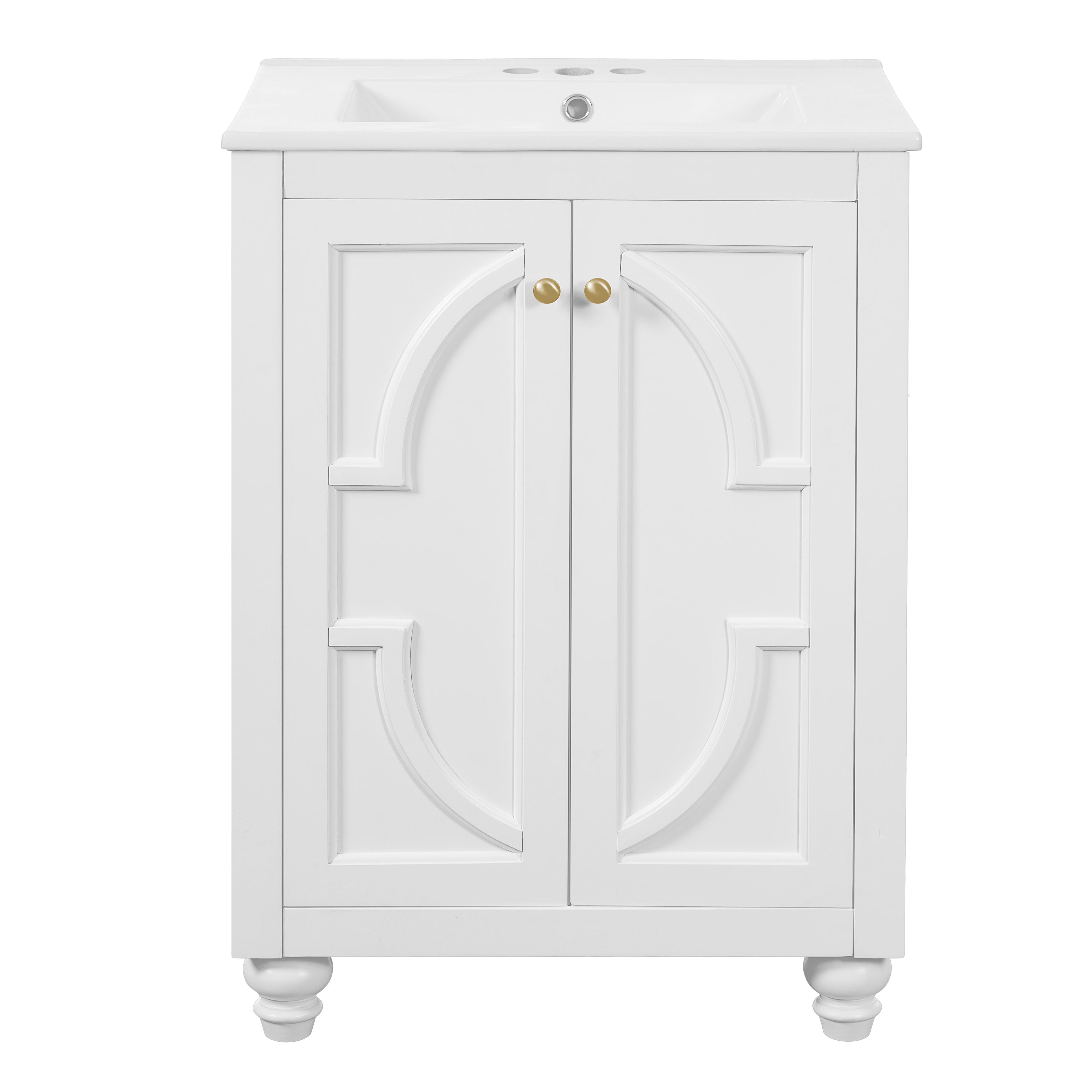 24' Modern Bathroom Vanity with Ornate Elliptical Motif, Soft-Close Hinges, White Ceramic Sink, Solid Wood & MDF Construction