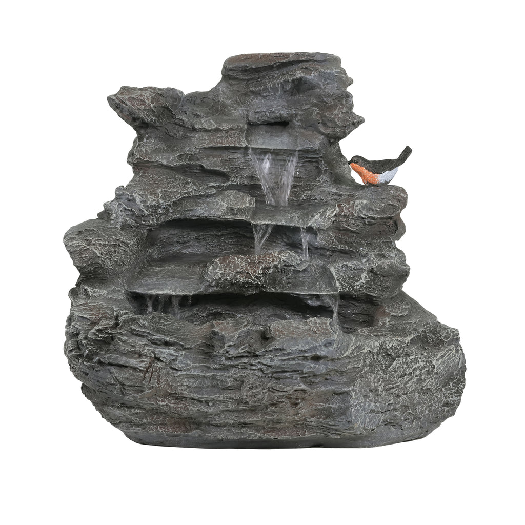 4-Tiered Gray Concrete Rock Waterfall Fountain with LED Lights, Outdoor Garden Decor, Weather-Resistant, 20.8'H
