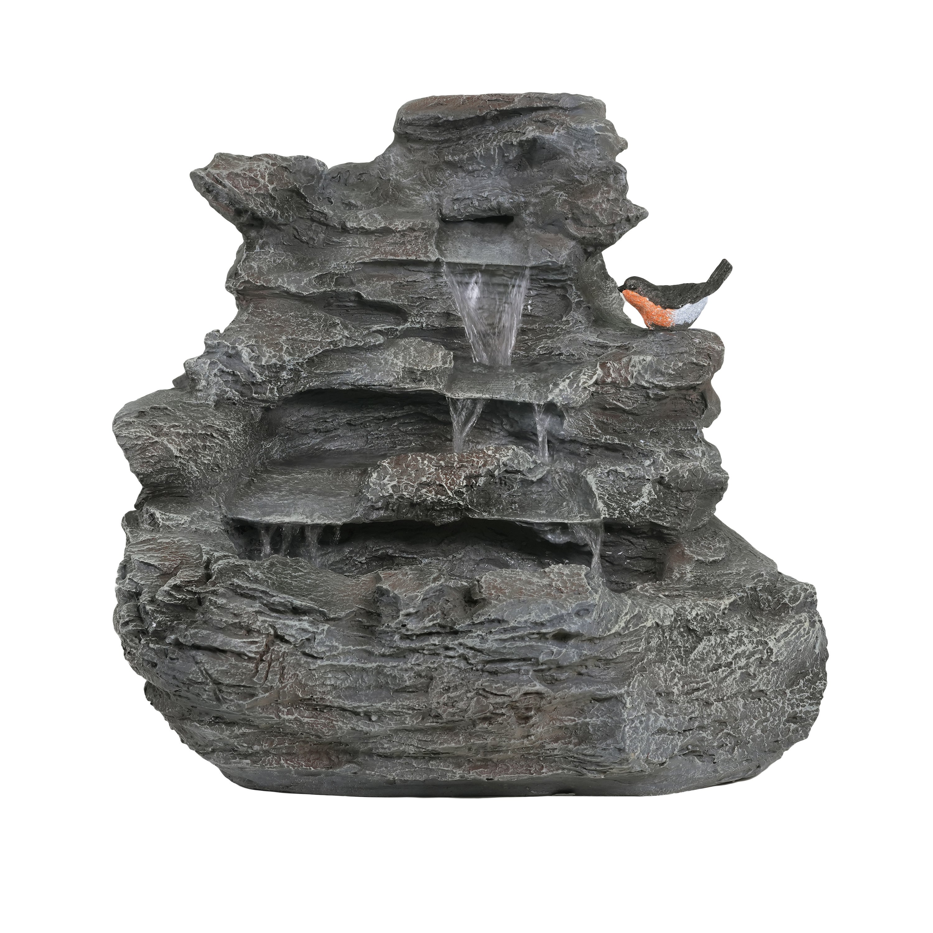 4-Tiered Gray Concrete Rock Waterfall Fountain with LED Lights, Outdoor Garden Decor, Weather-Resistant, 20.8'H