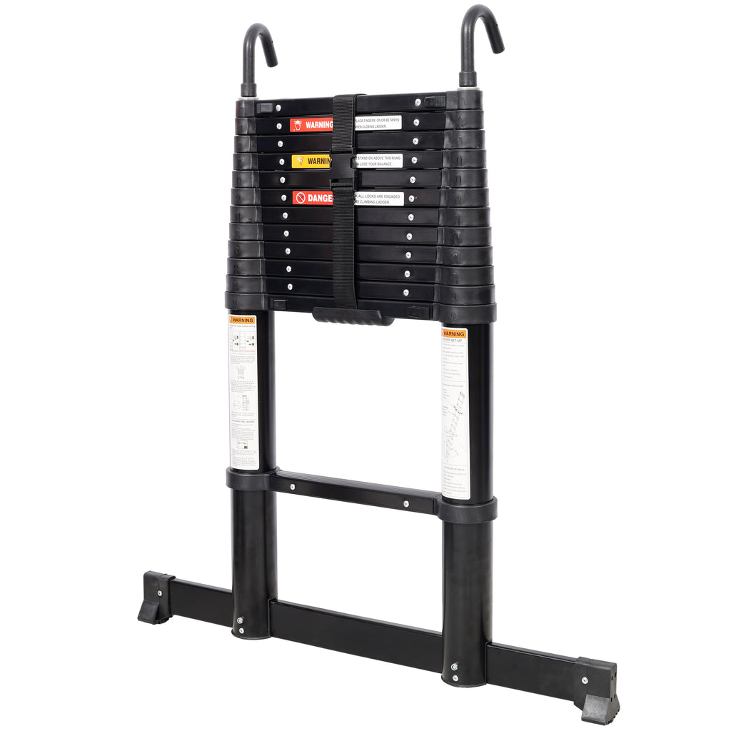 12.5FT Telescopic Ladder Aluminum Ladder with Non-Slip Feet and Stable Hook, Slow Down Safety Function With Stabilizer Portable Extension Ladder for Household and Outdoor Working, 330lb Capacity Black