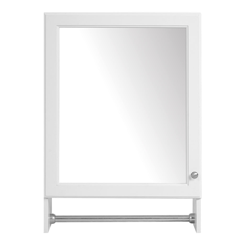 3-in-1 Wall-Mounted Bathroom Mirror Cabinet with Adjustable Shelf, Soft-Close Door, HD Mirror & Towel Bar in White Finish, MDF and Rubber Wood Construction