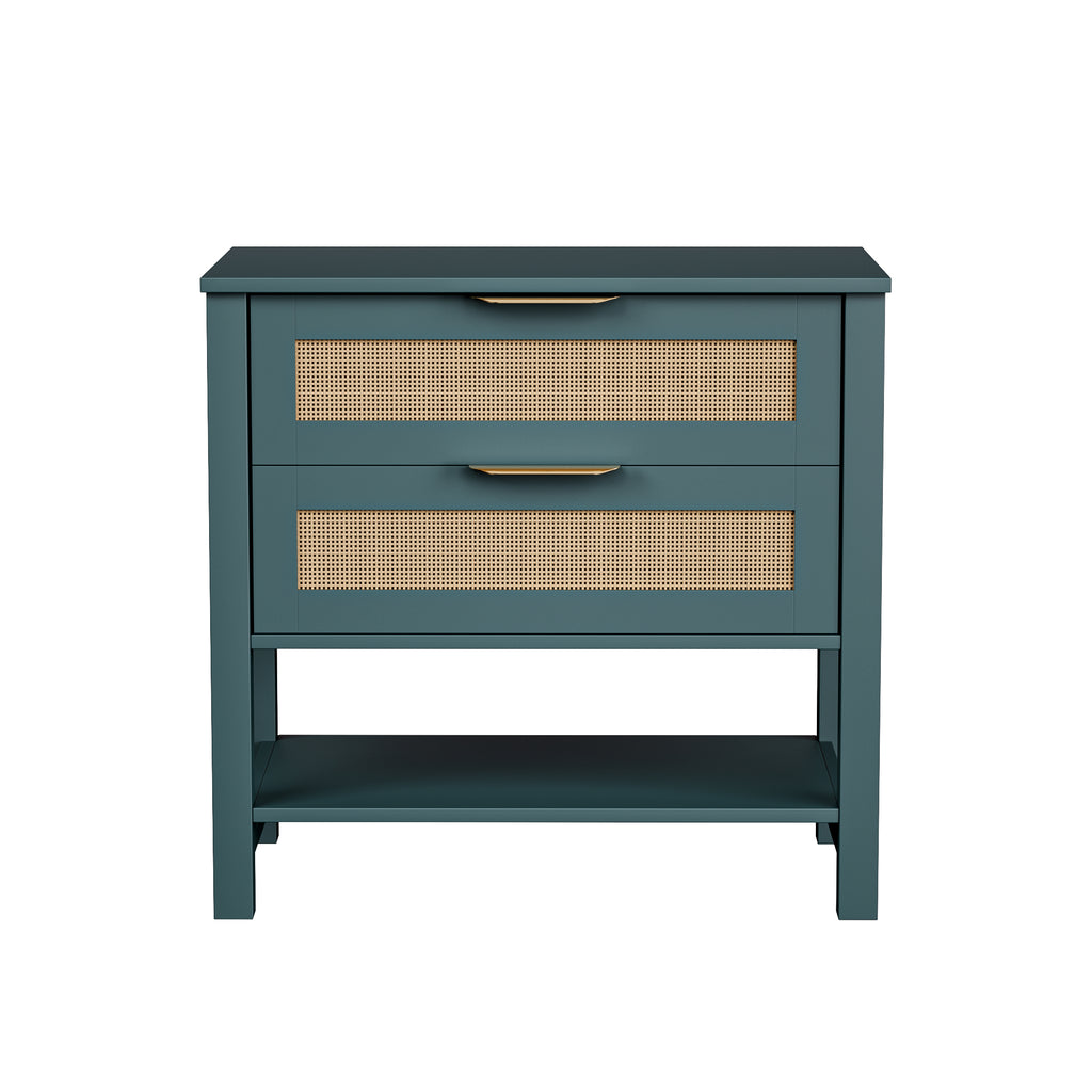Rattan Nightstand with 2 Drawers and Storage Shelf Boho Bedside Narrow Side Table for Bedroom