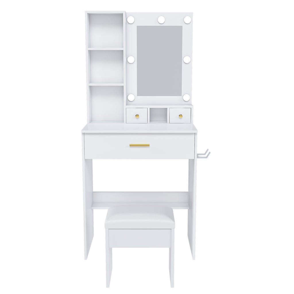 White Vanity Table with Mirror, Adjustable LED Lights, Power Outlet, Hairdryer Holder & Stool – Compact Dressing Desk for Small Bedrooms
