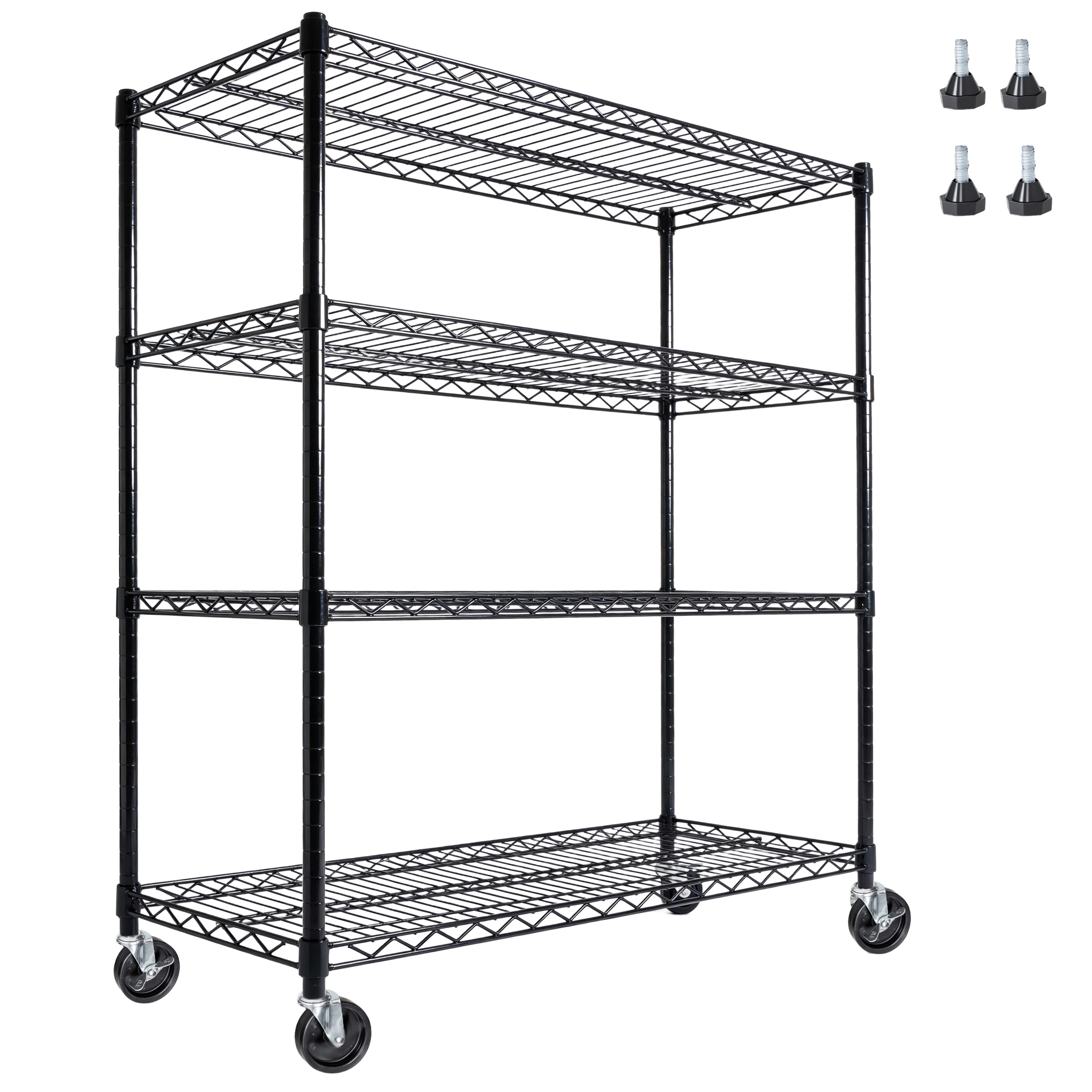55.5' W x 24' D x 80' H Heavy Duty Wire Storage Shelves with Wheels, 4 Tier Adjustable, 2400 lbs Capacity, Garage Shelving Unit, Rolling Industrial Storage, Black