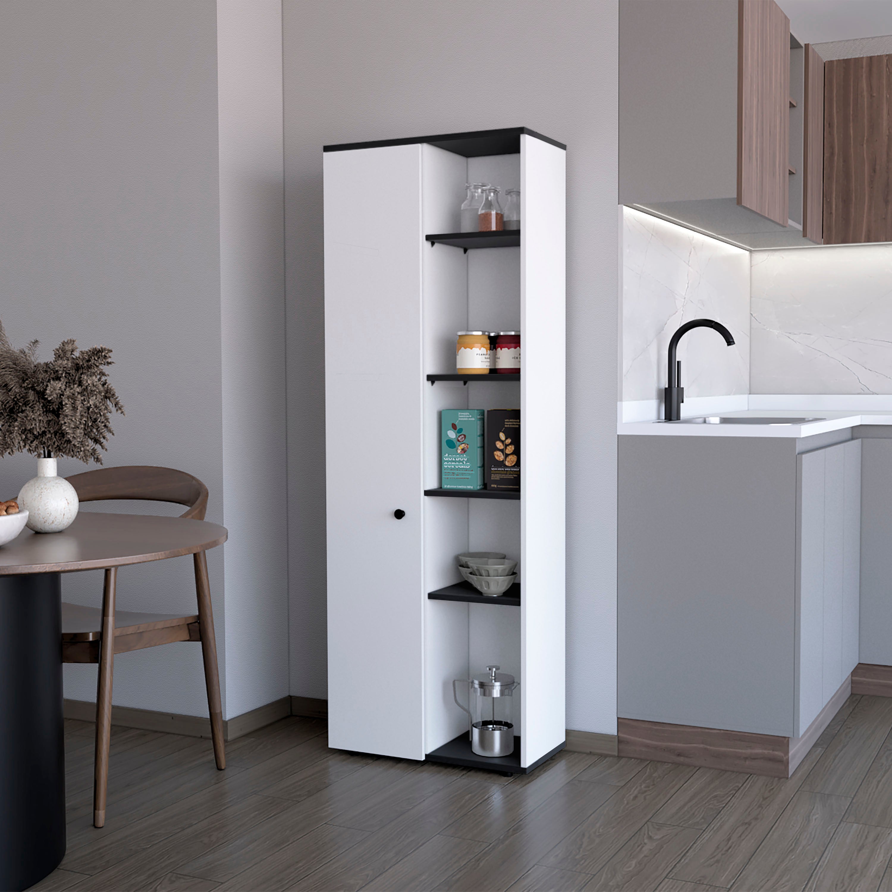White and Wenge 1-Door Multistorage Kitchen Pantry