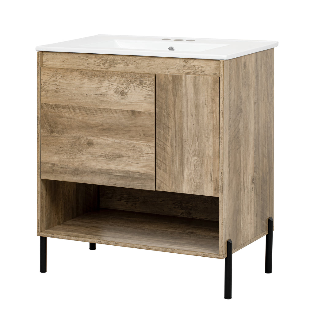 30' Modern Wood Bathroom Vanity Cabinet with Ceramic Sink, Sliding Drawer, Soft-Closing Door, Open Shelf, Natural Wood Finish, Solid Wood and MDF Construction