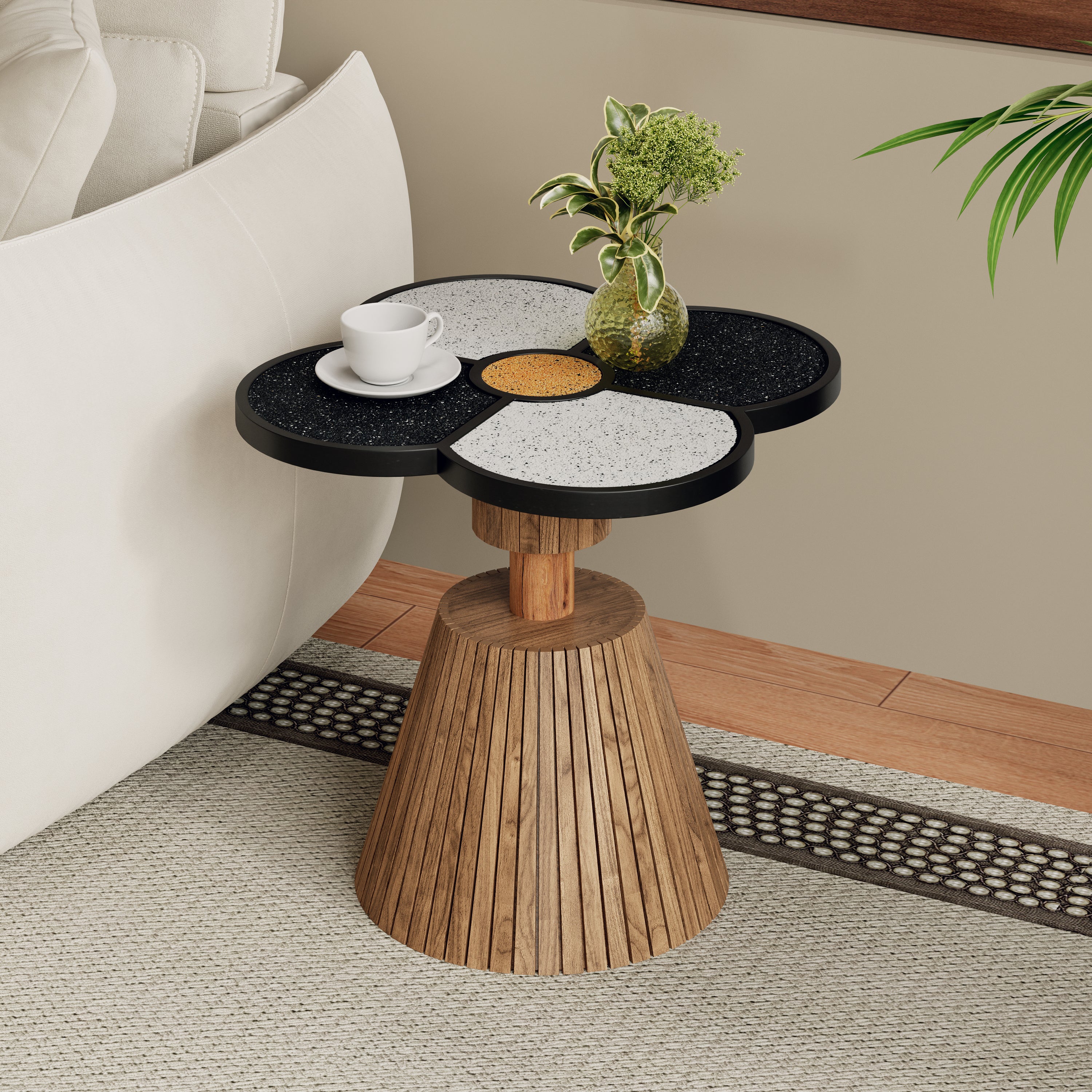 Unique Four-Leaf Clover Side Table for Living Room, Bedroom & Small Spaces – Decorative Accent Table with Wood-Grain Base