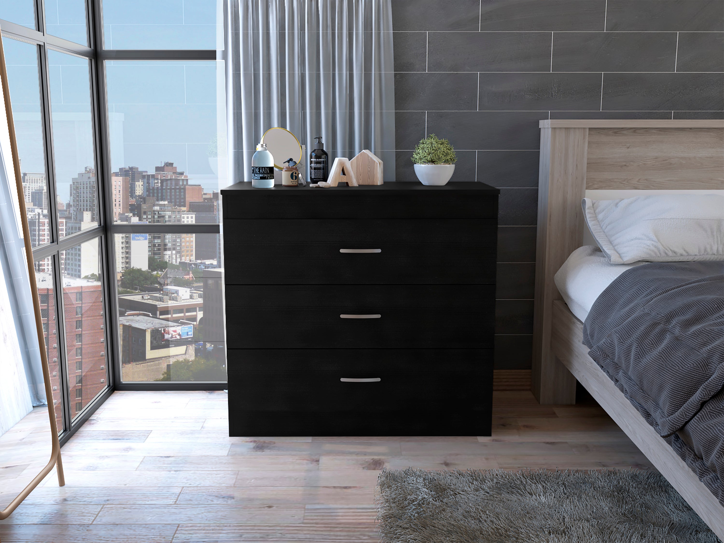 Melia Three Drawer Dresser, Superior Top, Metal Hardware -Black