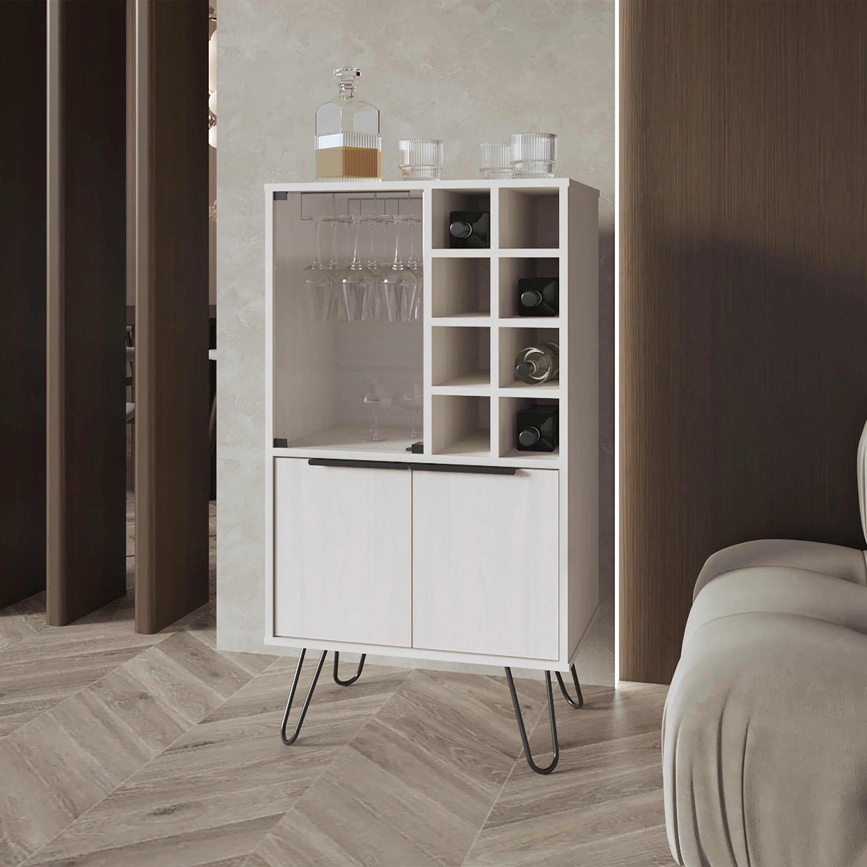 White Bar Cabinet with Glass Rack and Wine Storage
