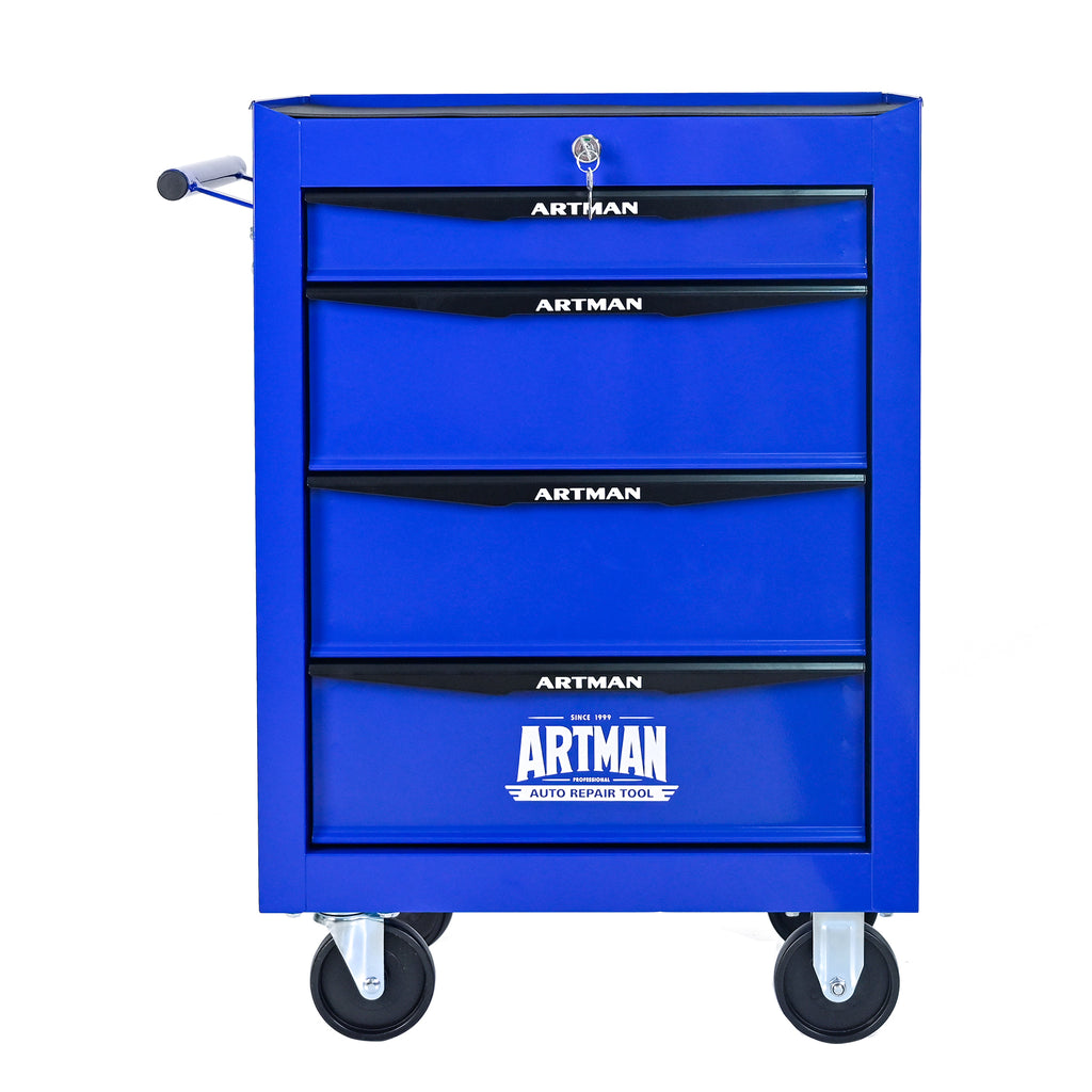 Rolling Metal Tool Chest with 4 Drawers, 20' Steel Storage Cabinet with Ball Bearing Slides, Black and Blue Finish
