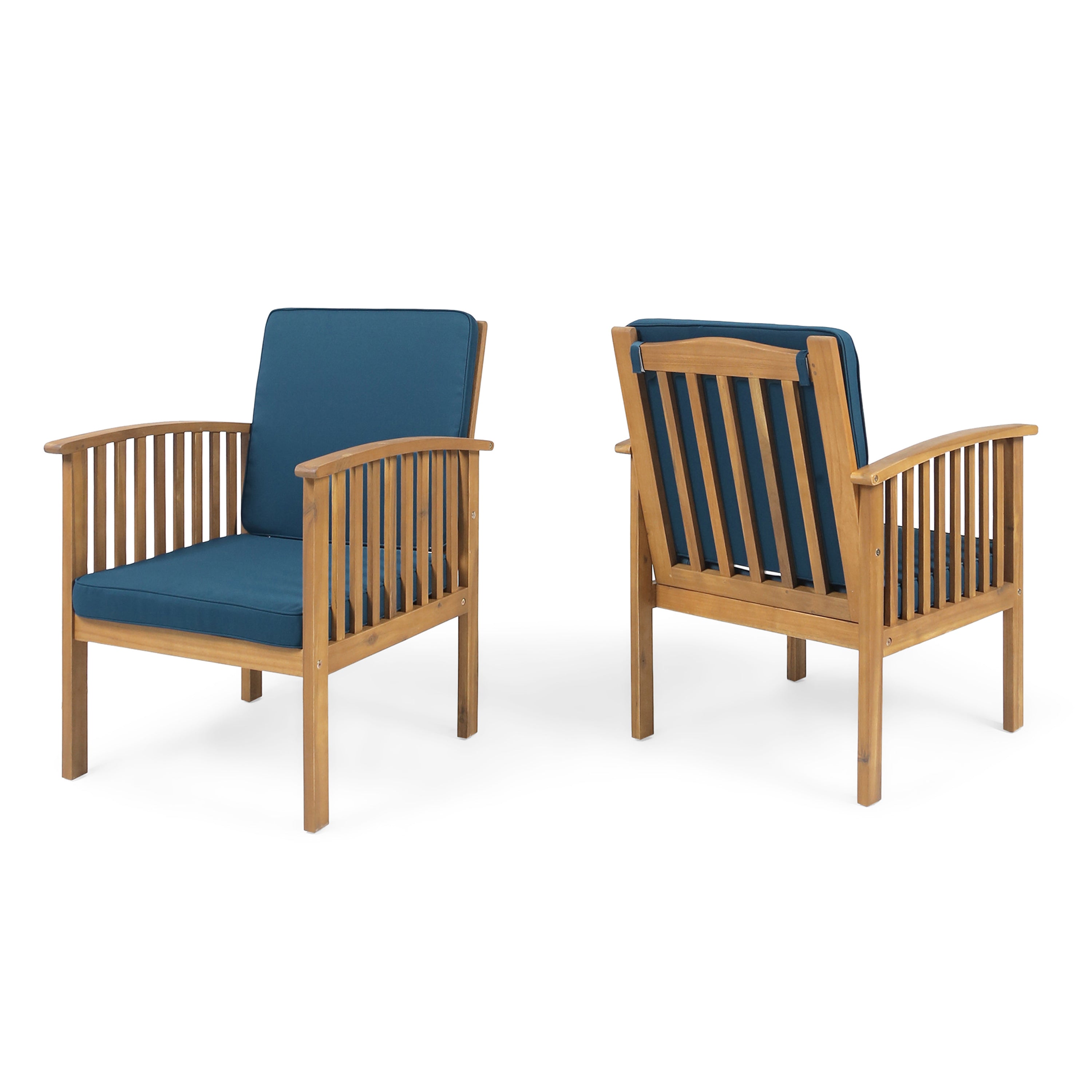 CASA Acacia Wood Club Chair Set of 2 with Weather-Resistant Cushions in Brown and Dark Teal