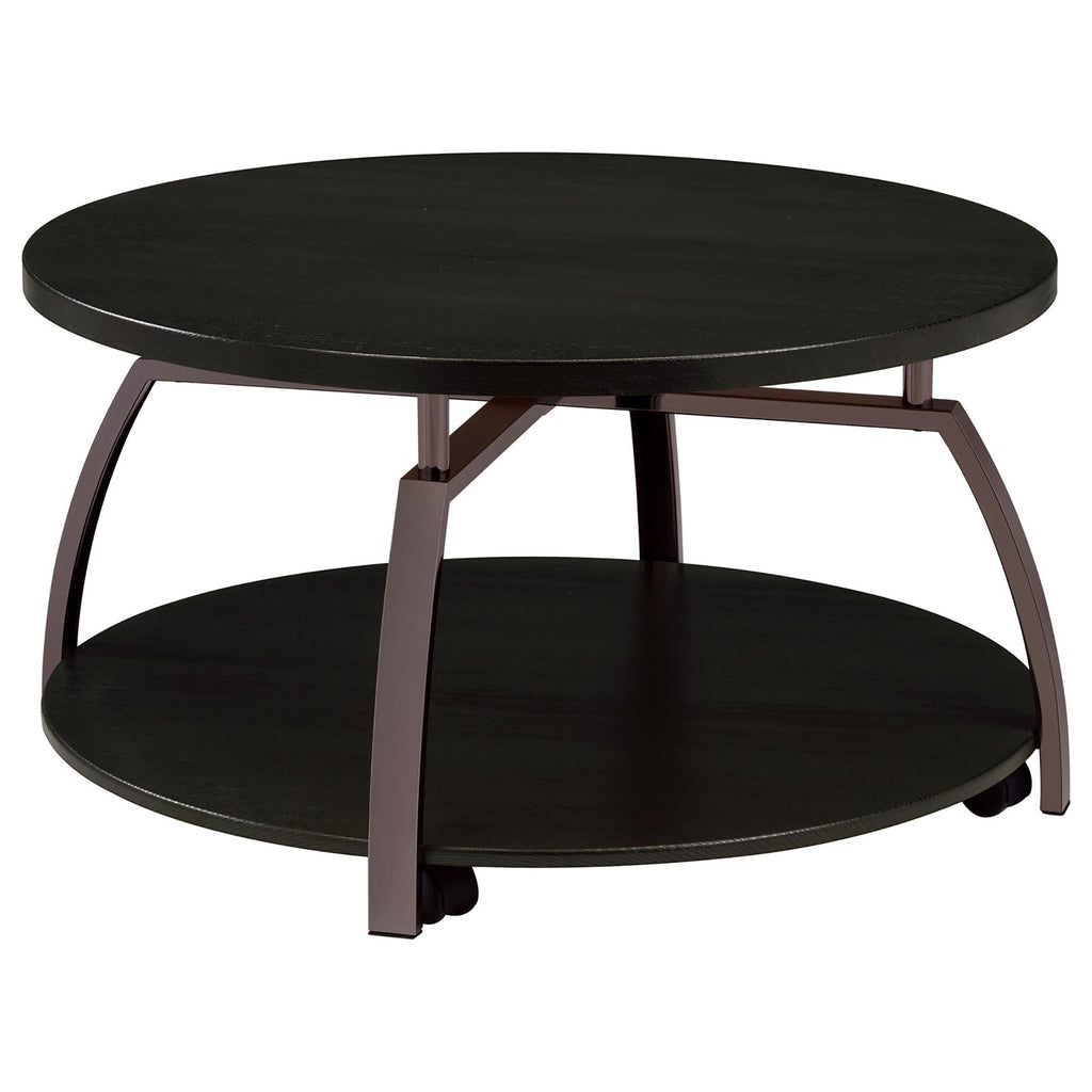 Dark Grey and Black Nickel Round Coffee Table with Metal Base and Storage Shelf