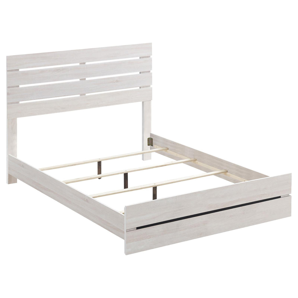 Coastal White Slatted Headboard Queen Panel Bed in Ivory Finish with Wood Construction and Modern Farmhouse Style