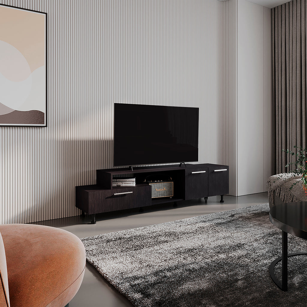 Athol  69' Wide  Two-Tier Tv Stand Black  with one pull-down door cabinet, one double-door cabinet and two Shelves, Cable Management, Living room  Black Wengue