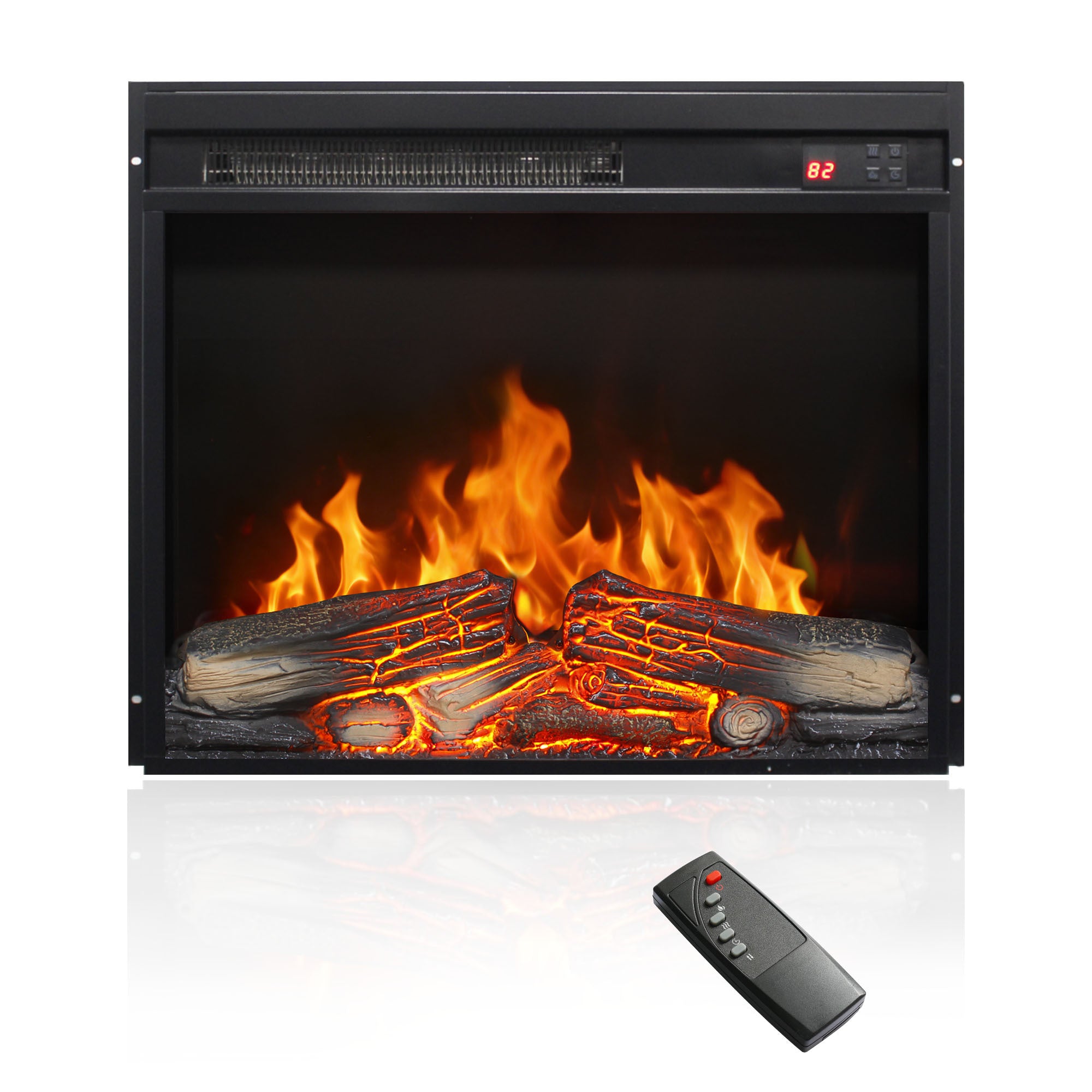 23 inch electric fireplace insert, ultra thin heater with log set & realistic flame, remote control with timer, overheating protection
