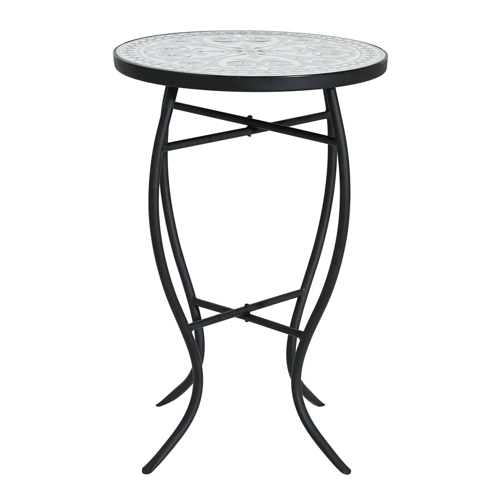 Outdoor Round Side Table with Mosaic-Style Top and Curved Iron Legs in Grey and Matte Black, Ceramic Tile and Iron Construction