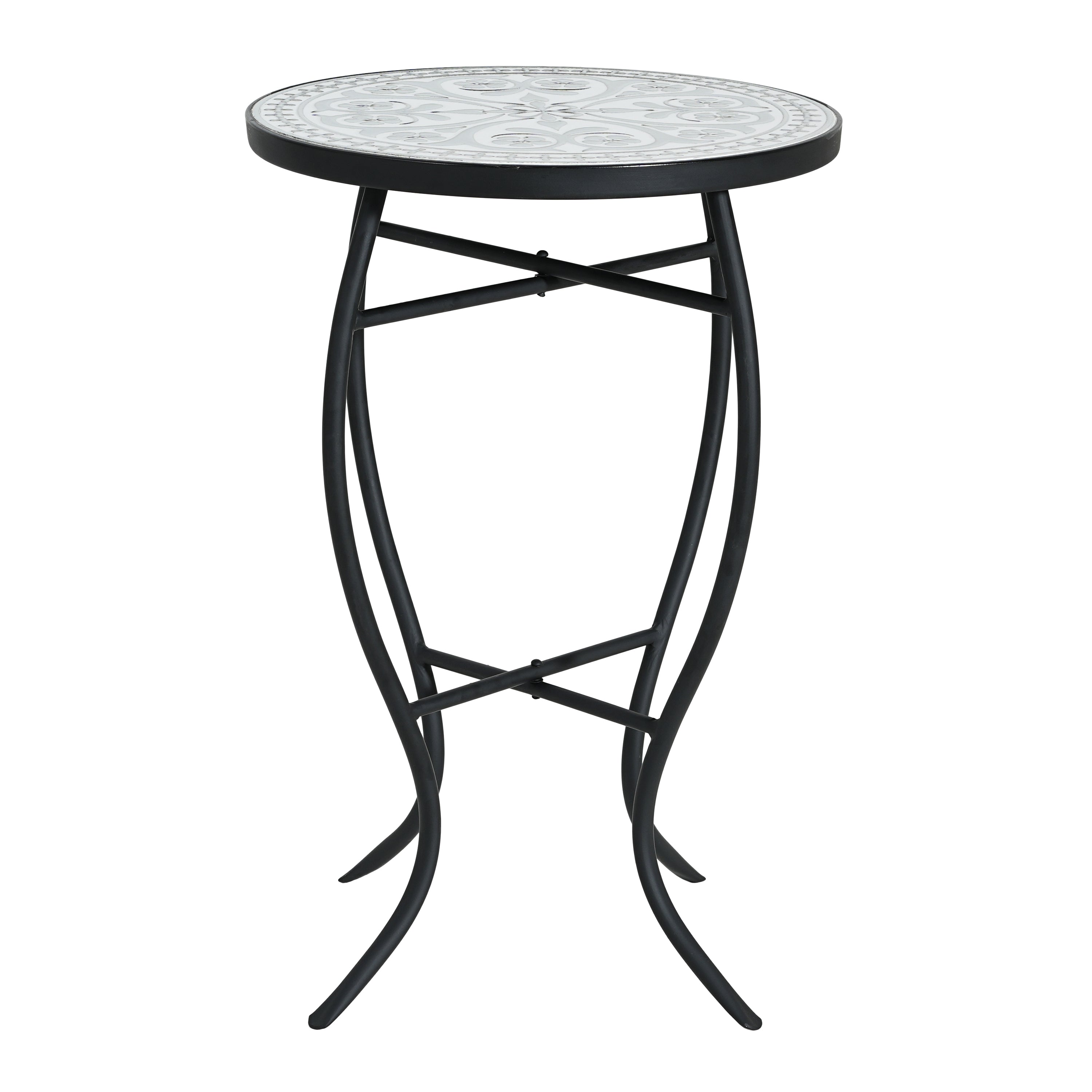 Outdoor Round Side Table with Mosaic-Style Top and Curved Iron Legs in Grey and Matte Black, Ceramic Tile and Iron Construction