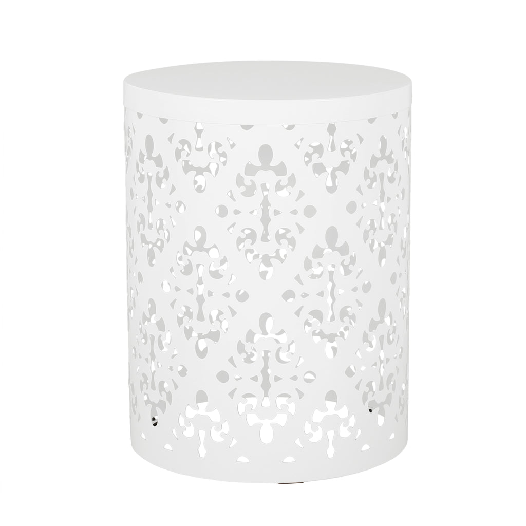 Outdoor Metal End Table - Modern Design, Durable Iron Frame, White, 13.78 x 13.78 x 17.91 inches