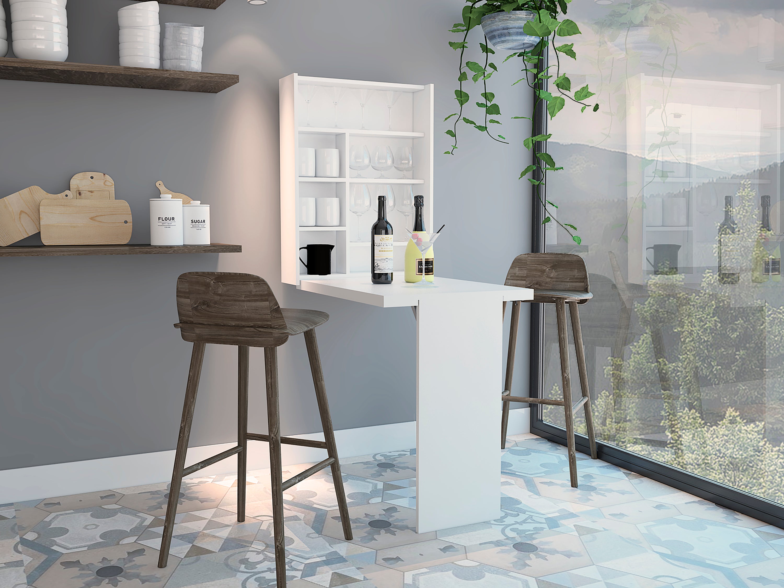 Vatta Wall Foldable Table, Seven Interior Shelves, Extending Table -White
