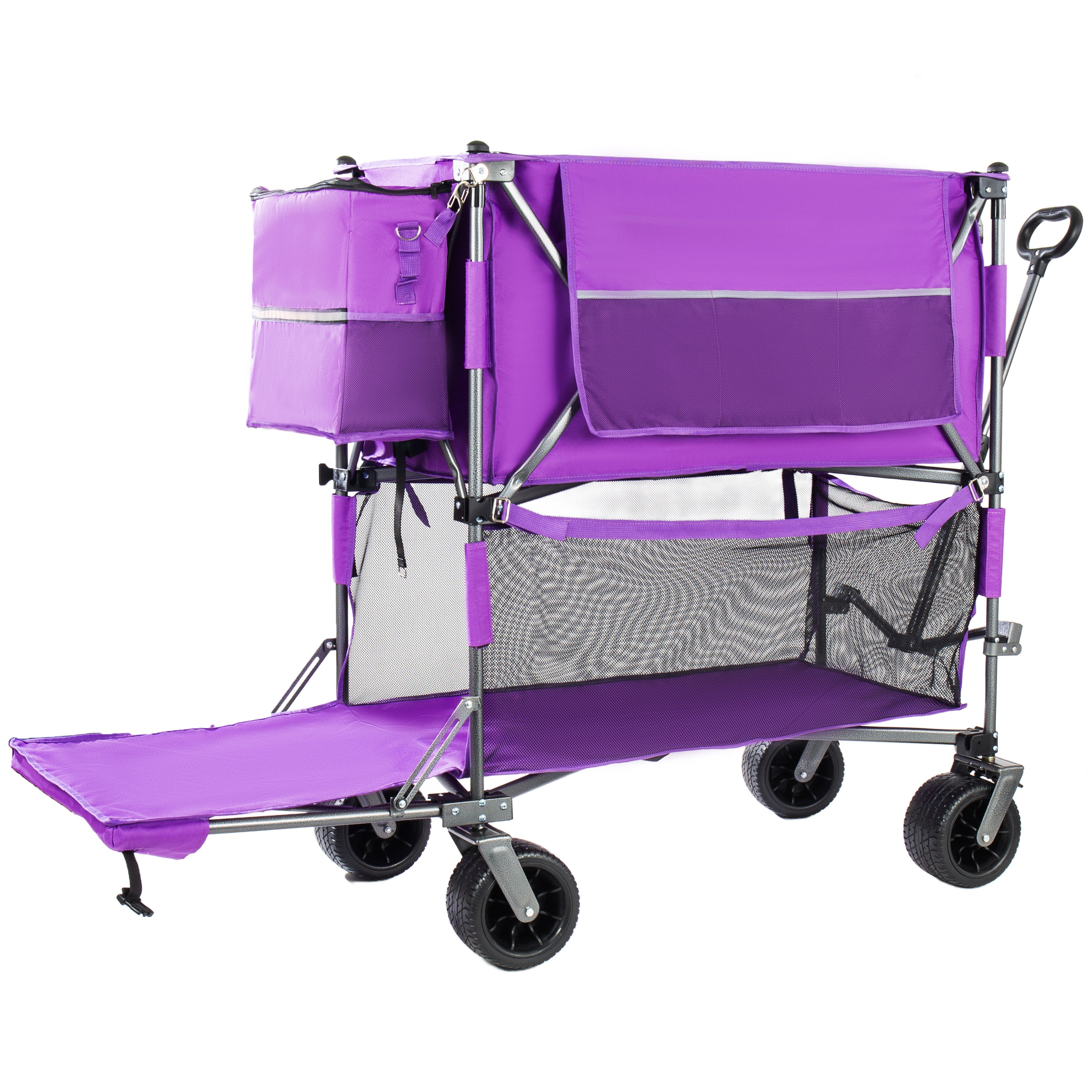 55' Heavy Duty Double-Layer Wagon with Brakes,560LBS Double Decker Wagon, 650L Collapsible Wagons Carts with 7''x4''All-Terrain Wheels for Sports,Camping,Fishing,Transport, Purple