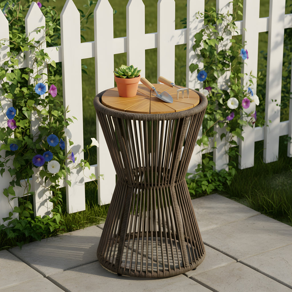 Outdoor Side Table, Dark Grey Rope and Acacia Wood, 25.80' Height, 16.14' Diameter, Elegant Long Hourglass Design, Weather Resistant, for Patio, Deck, Garden, Balcony, Modern Minimalist Style