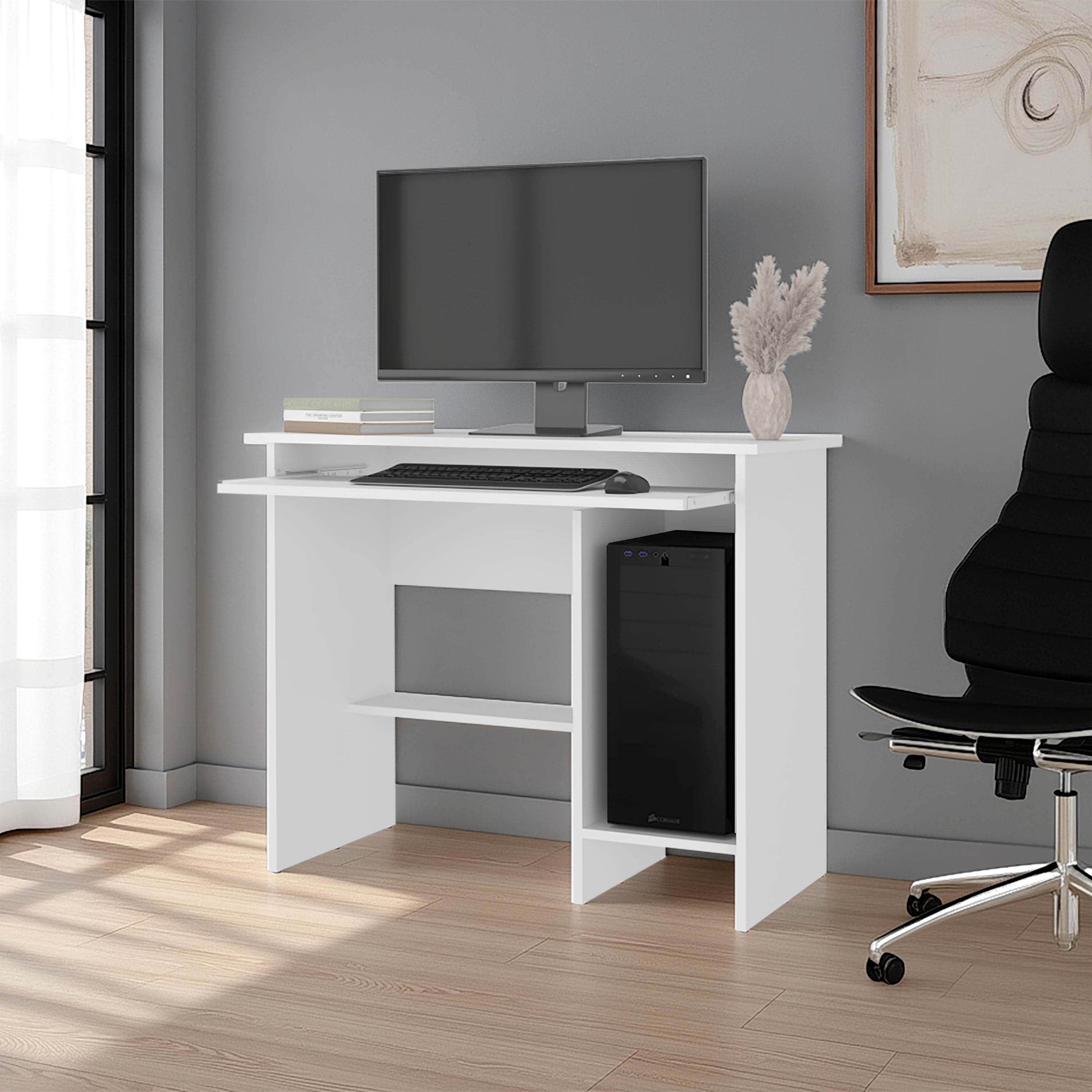 White Computer Desk with Open Storage
